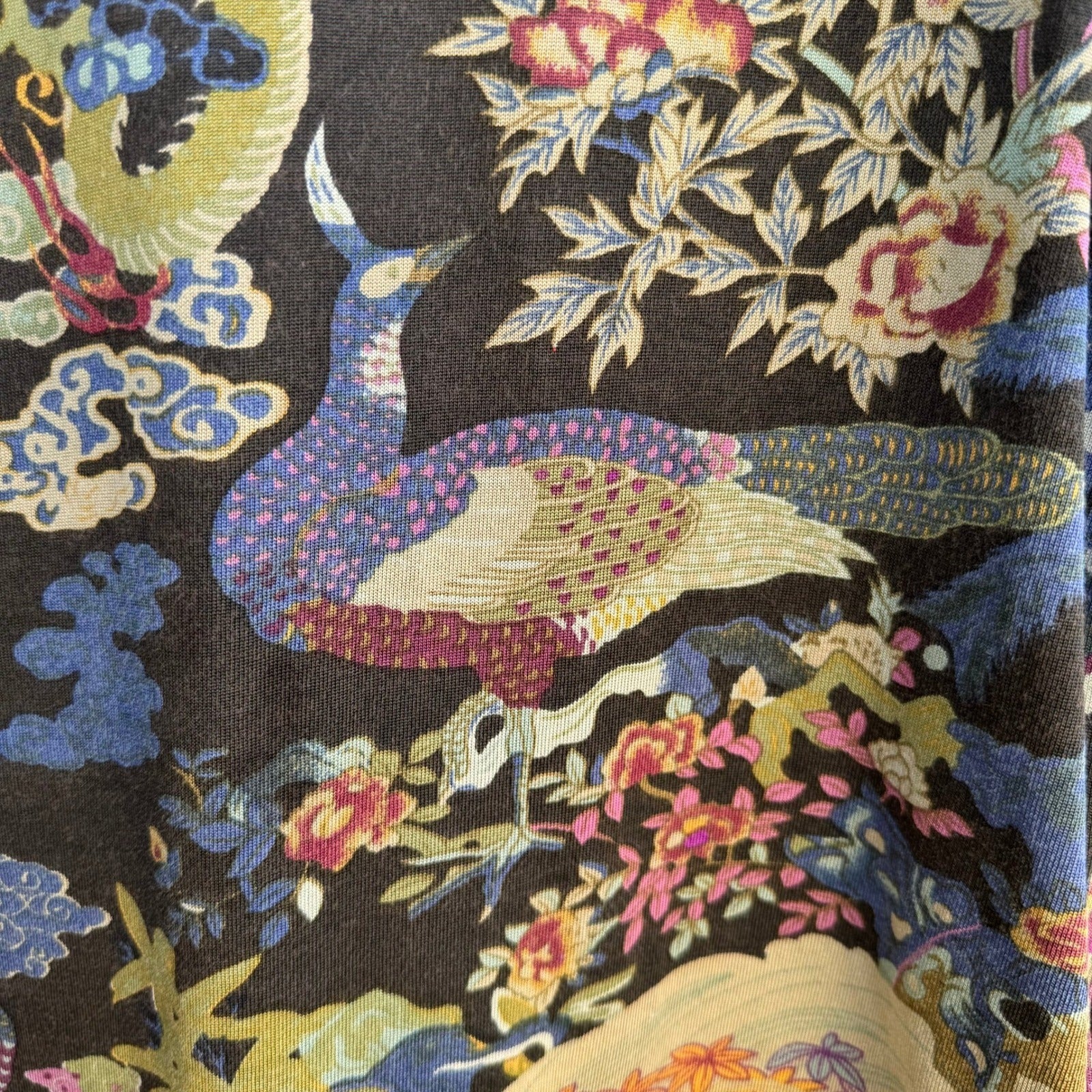 Norm Thompson Vintage Silk Cotton Chinoiserie Dragon Peacock Artsy Boho Blouse L