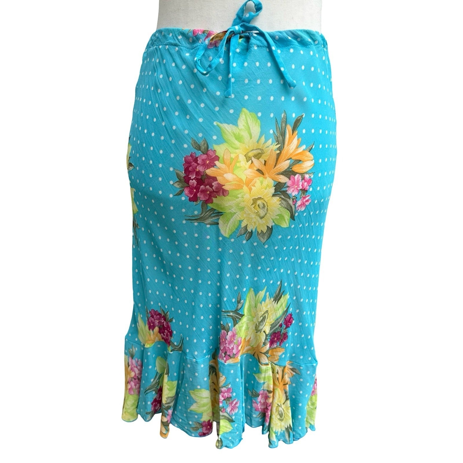 Sharagano Paris Y2K Mermaidcore Turquoise Floral Polka Dot Ruffle Hem Midi Skirt