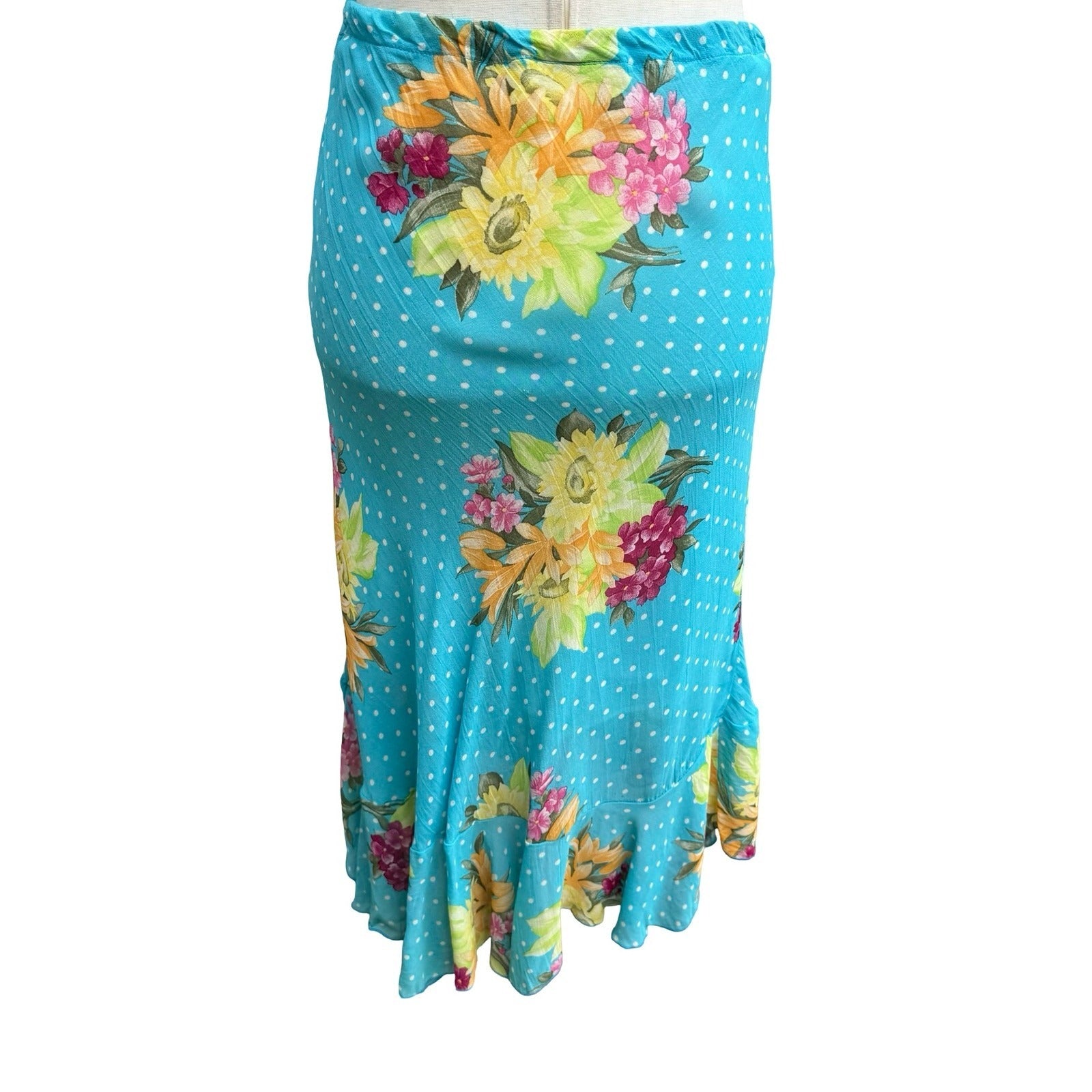 Sharagano Paris Y2K Mermaidcore Turquoise Floral Polka Dot Ruffle Hem Midi Skirt