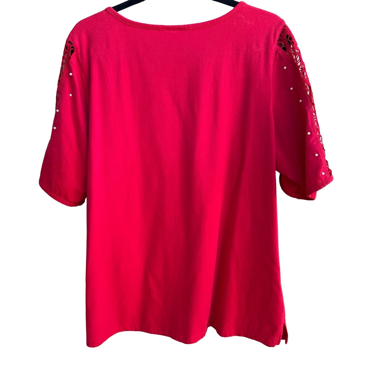 Quacker Factory Coquette Romantic Crochet Lace Pearl Embellished Blouse Red XL