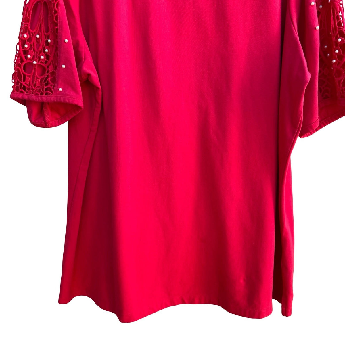 Quacker Factory Coquette Romantic Crochet Lace Pearl Embellished Blouse Red XL