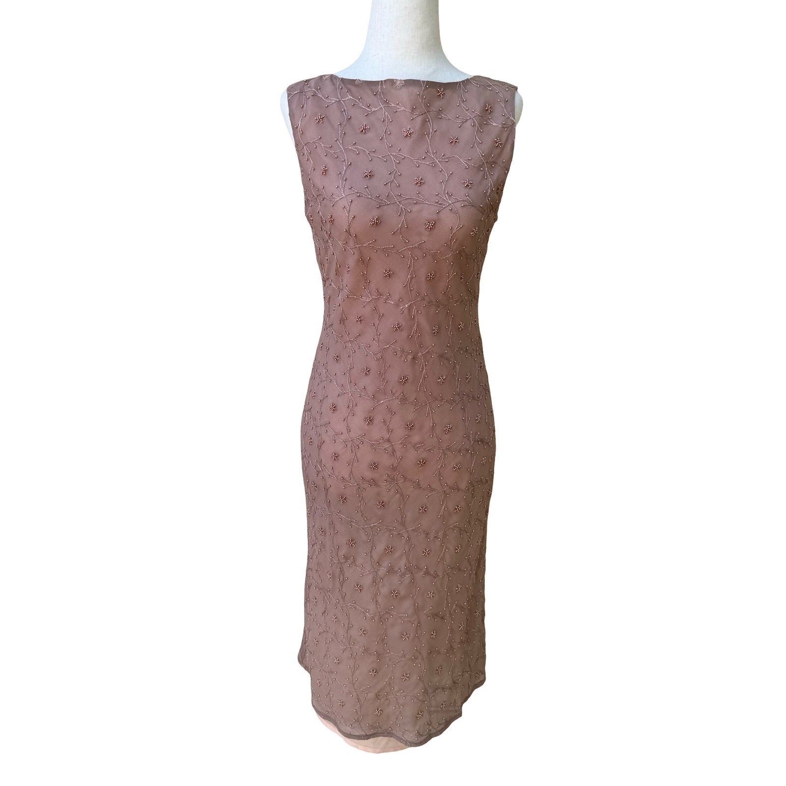 William B Coquette Romantic Beaded Floral Embroidered Mesh Midi Sheath Dress