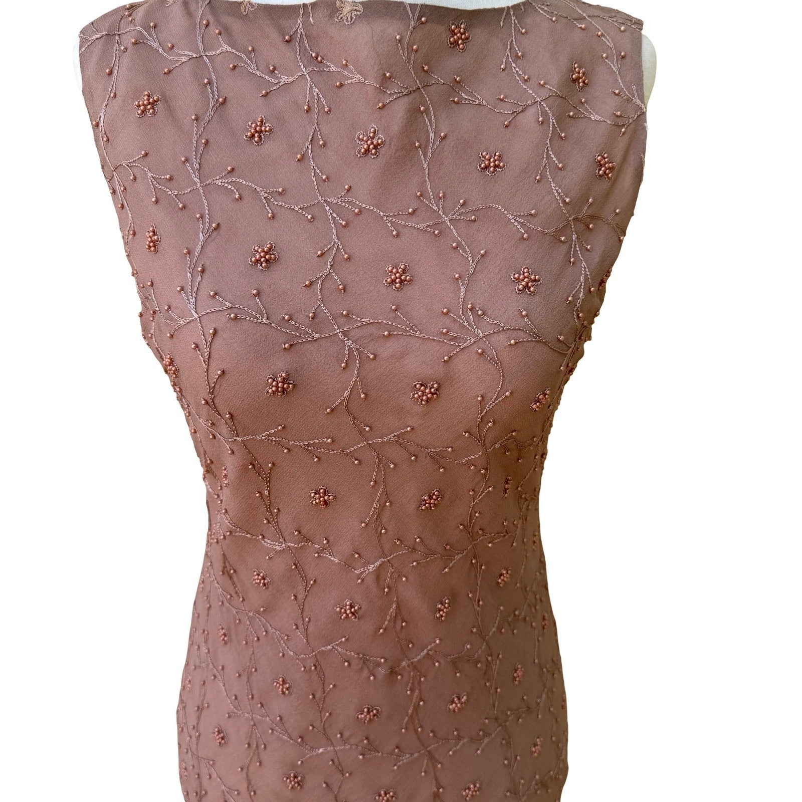 William B Coquette Romantic Beaded Floral Embroidered Mesh Midi Sheath Dress