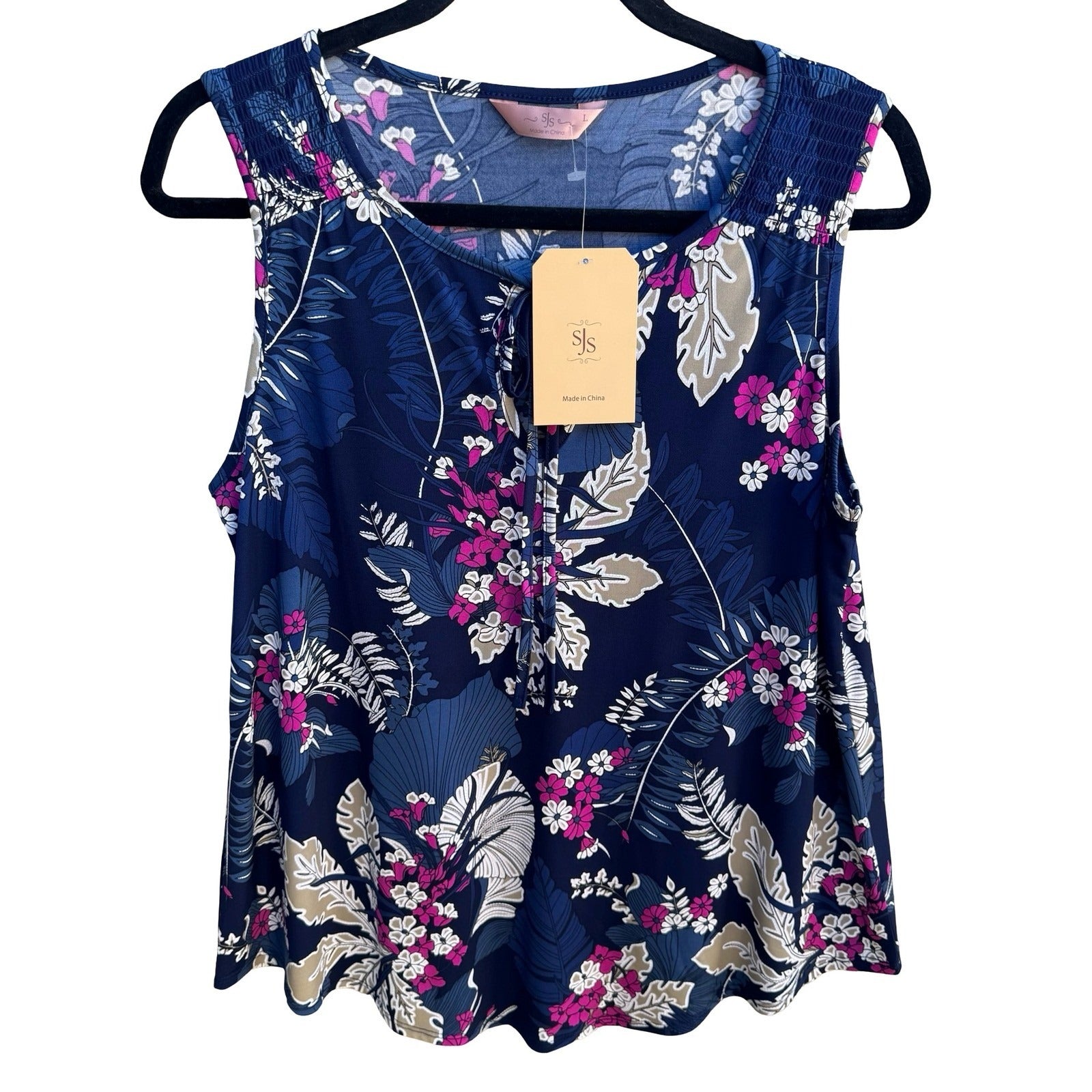 SJS Feminine Boho Flowy Tropical Floral Sleeveless Navy Smocked Blouse L NEW