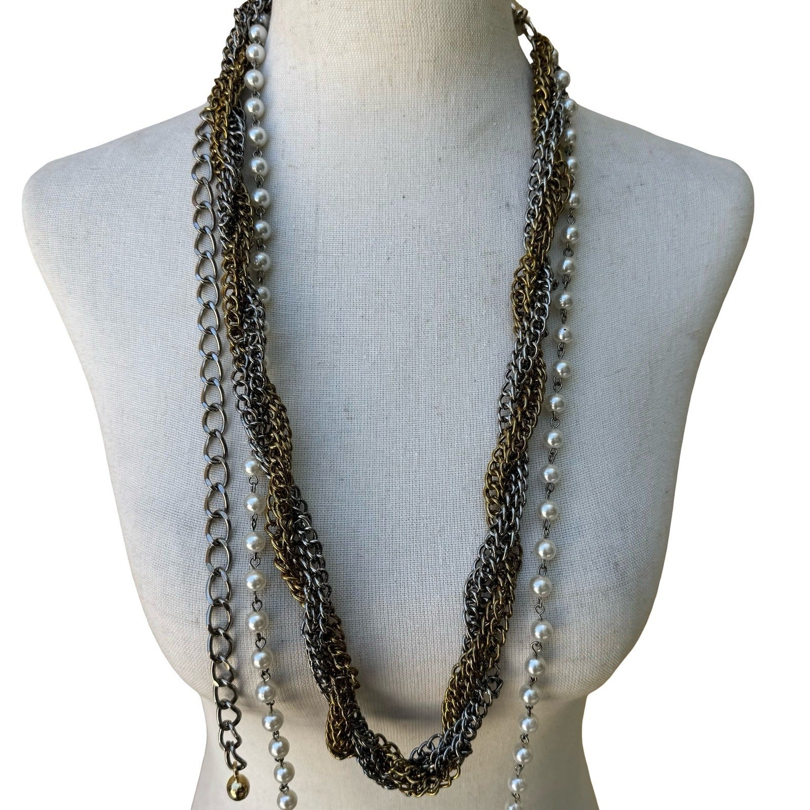 Vintage Mix Metal Multi Strand Braided Chain Faux Pearl Statement Necklace Belt