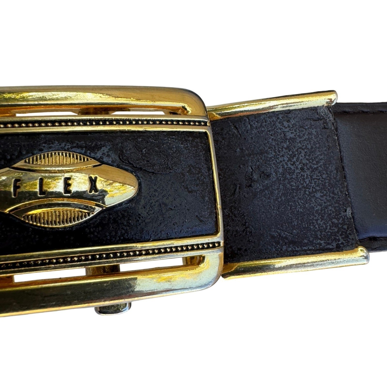 Flex Mens Vintage Ratchet Belt Dark Brown Genuine Leather Gold Buckle Made USA