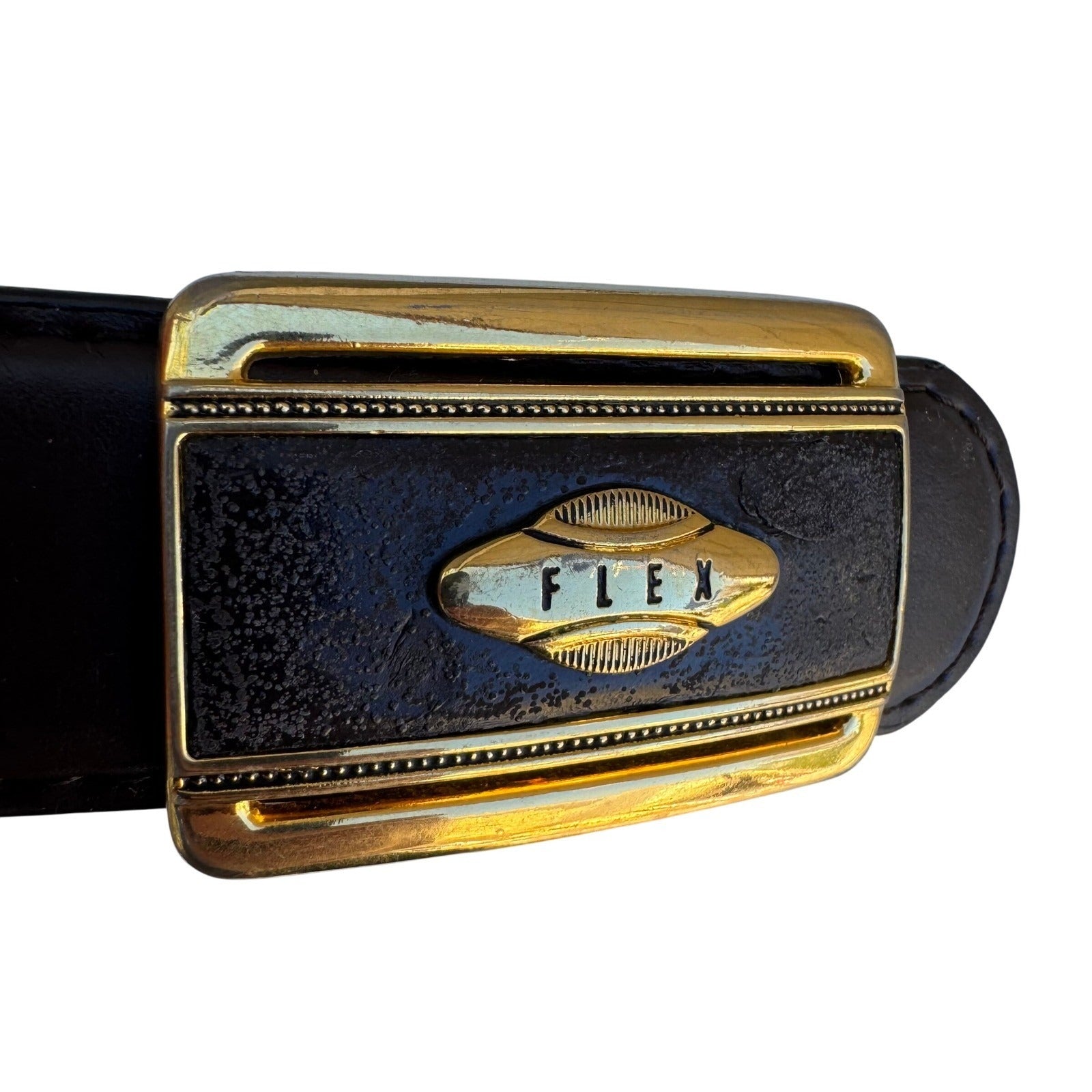 Flex Mens Vintage Ratchet Belt Dark Brown Genuine Leather Gold Buckle Made USA