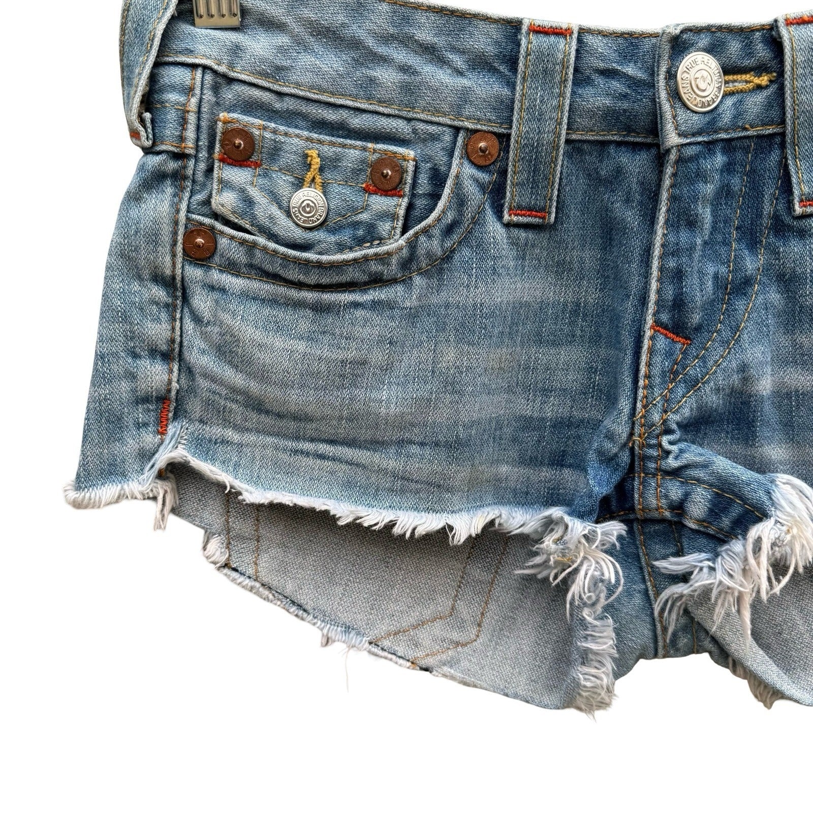 True Religion Joey Vintage Y2K Trashy Low Rise Denim Cut Off Shorts 26 Coachella