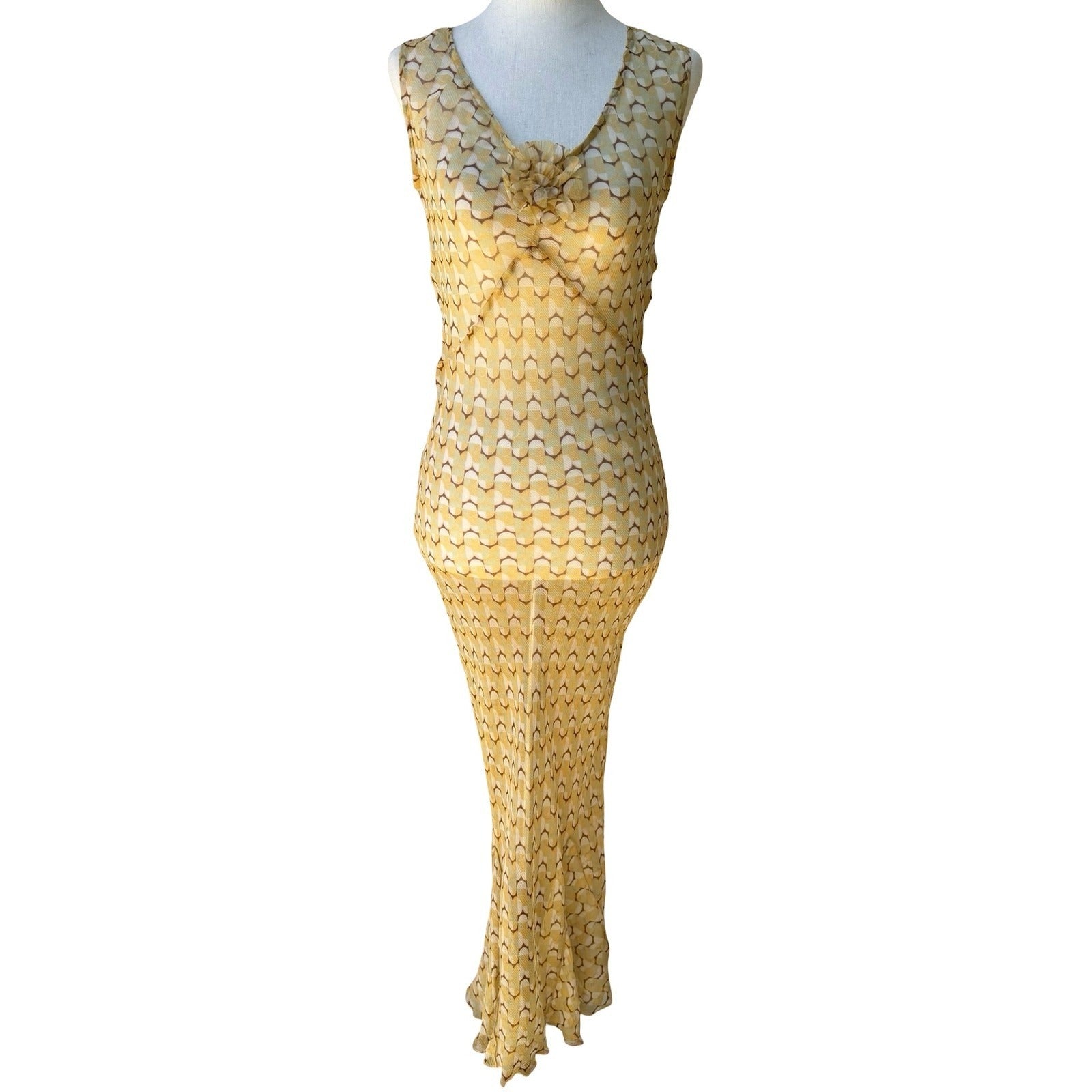 Melissa M Y2K Silk Mod Boho Ethereal Geometric Sheer Maxi Dress Butter Yellow S