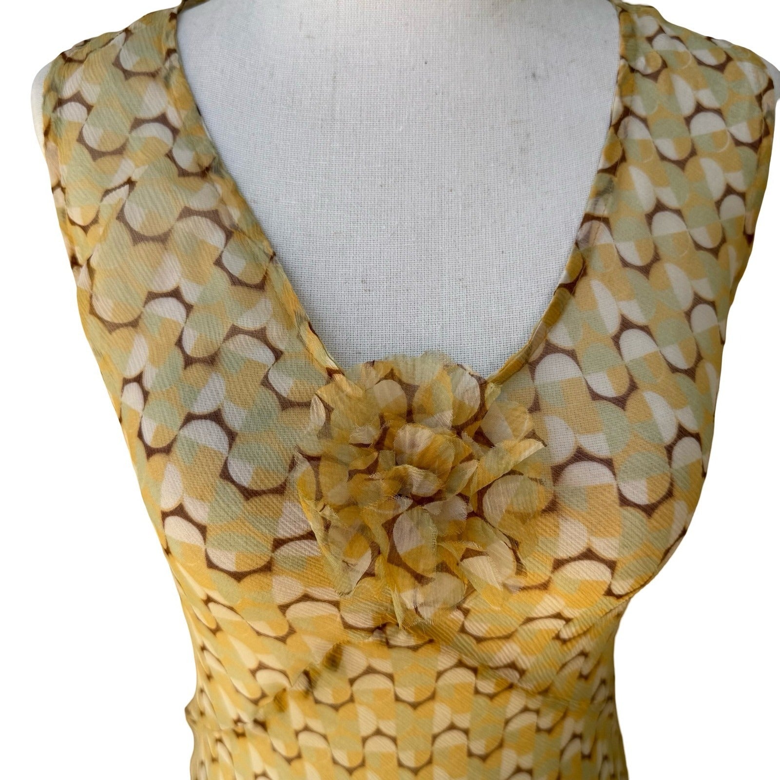 Melissa M Y2K Silk Mod Boho Ethereal Geometric Sheer Maxi Dress Butter Yellow S