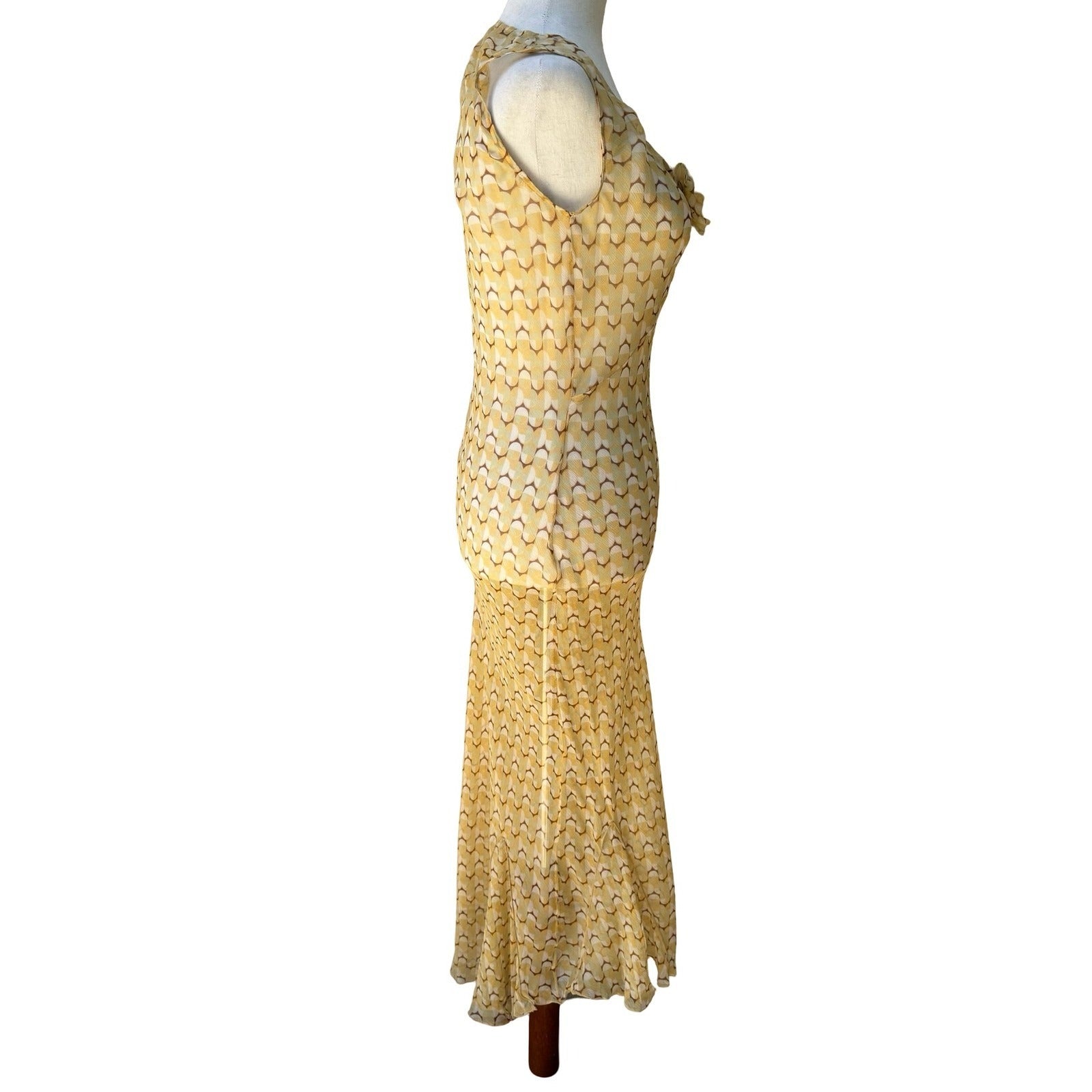 Melissa M Y2K Silk Mod Boho Ethereal Geometric Sheer Maxi Dress Butter Yellow S