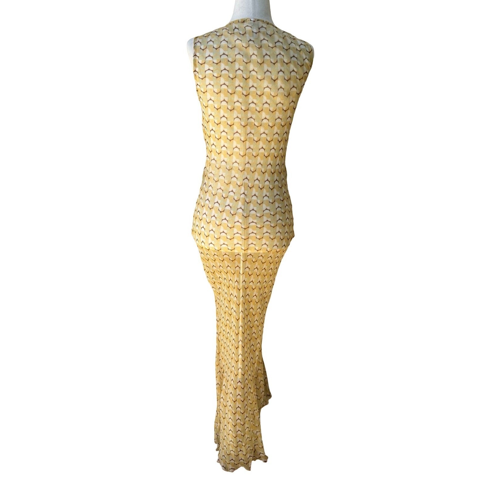 Melissa M Y2K Silk Mod Boho Ethereal Geometric Sheer Maxi Dress Butter Yellow S