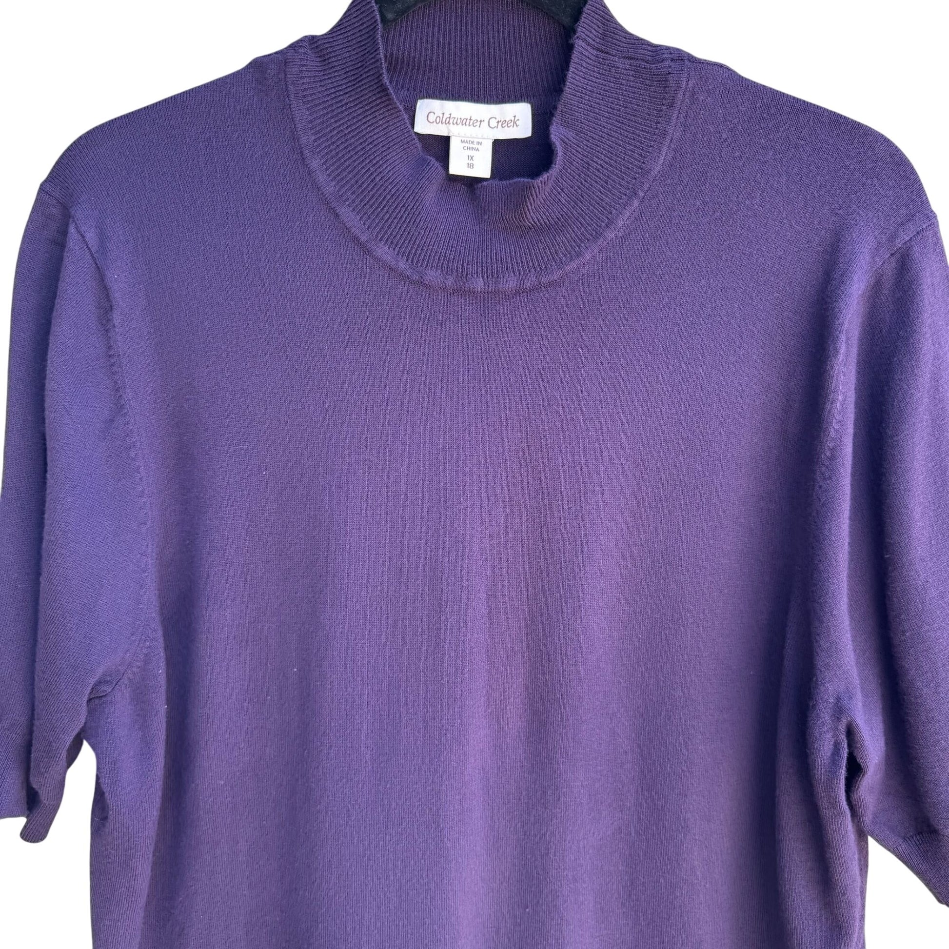 Coldwater Creek Womens Purple Mock Neck Stretch Short Sleeve Sweater Blouse  1X