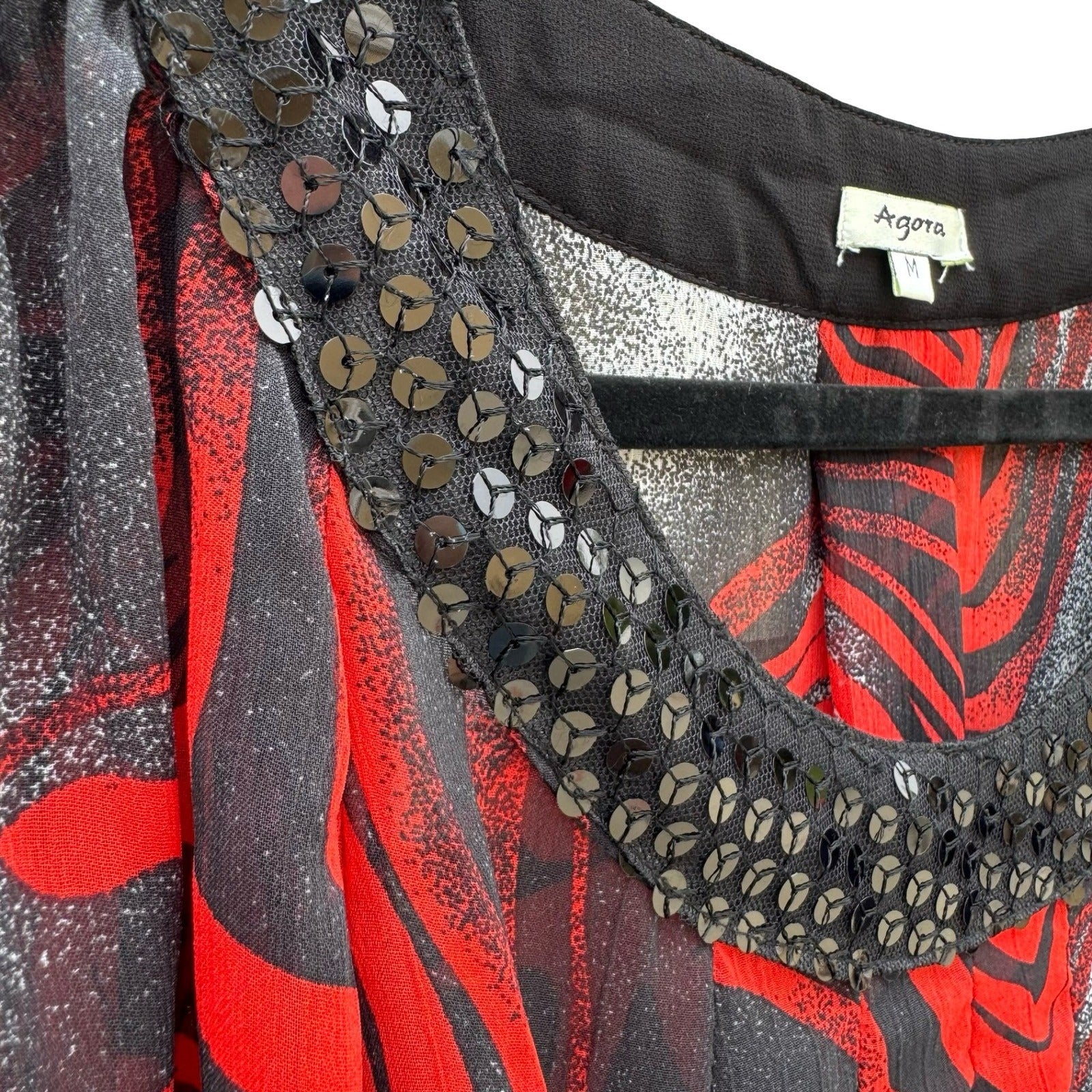 Agora Womens Red Black Abstract Floral Sequin Scoop Neck Chiffon Sheer Blouse M