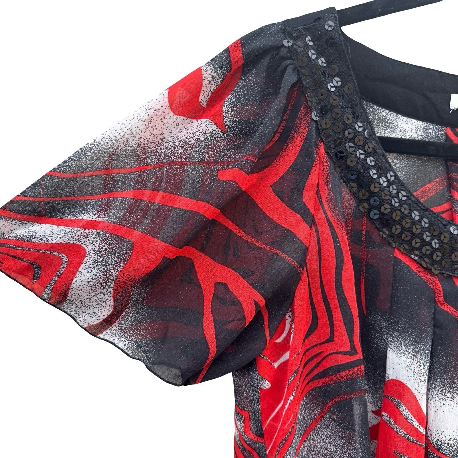 Agora Womens Red Black Abstract Floral Sequin Scoop Neck Chiffon Sheer Blouse M