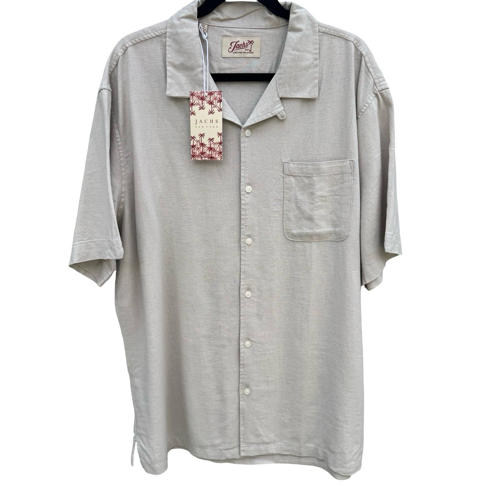 Jachs NY Mens M Southampton Stone Linen Camp Collar Button Up Shirt NEW Coastal