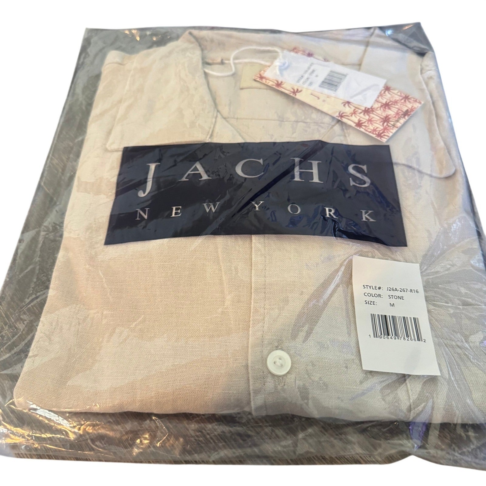 Jachs NY Mens M Southampton Stone Linen Camp Collar Button Up Shirt NEW Coastal