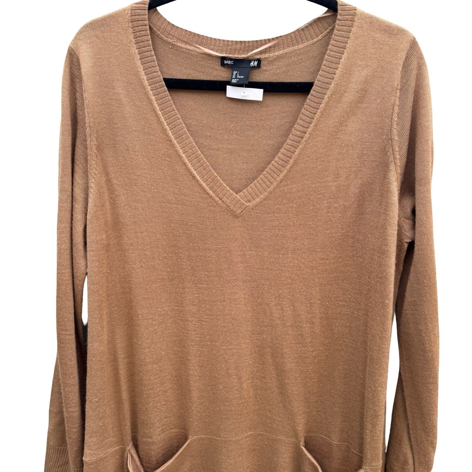 HM Minimalist Layering Longline Tunic Sweater Wool Blend Pockets Camel Womens L
