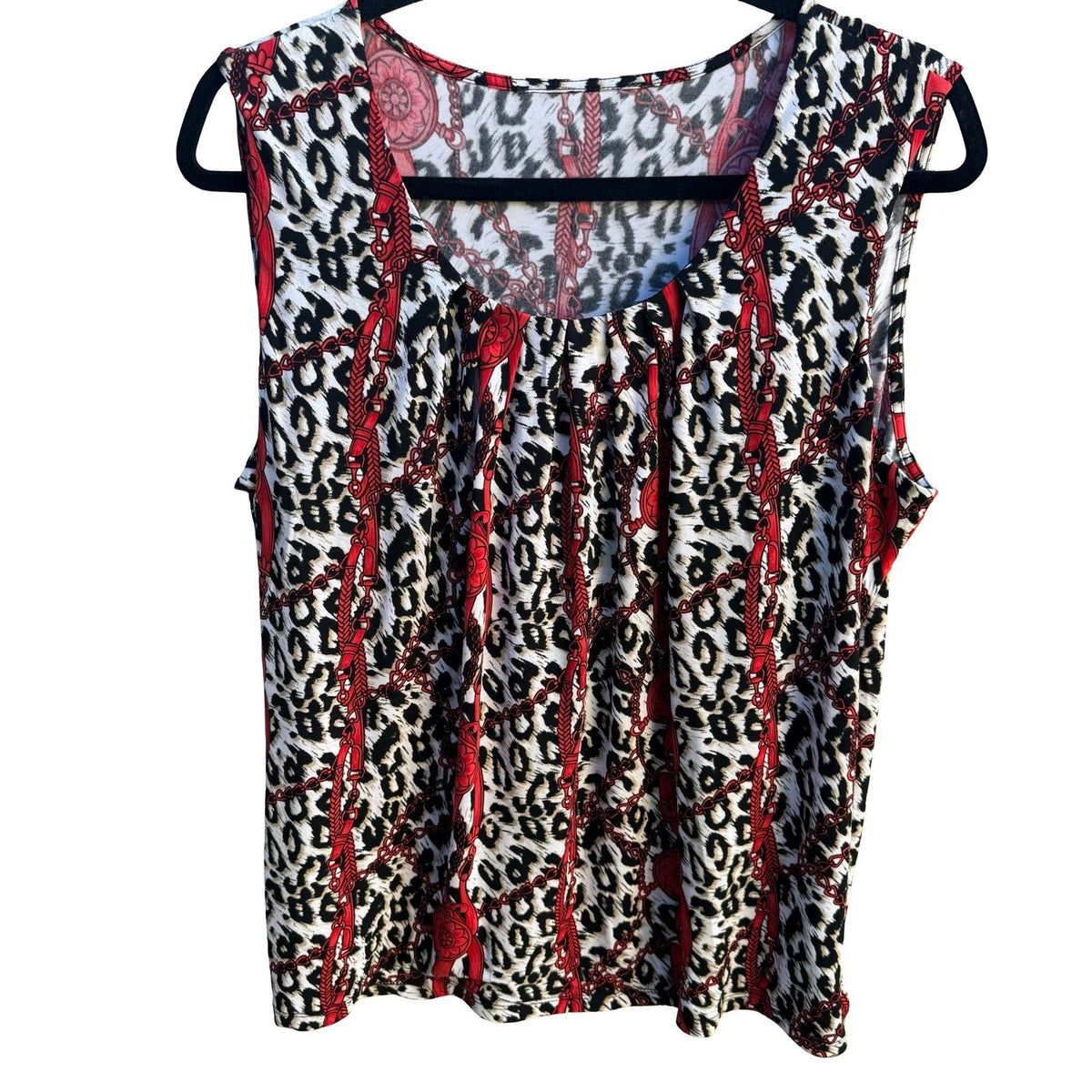 Kasper Animal Chain Print Careerwear Pleated Sleeveless Blouse Red Tan Womens L