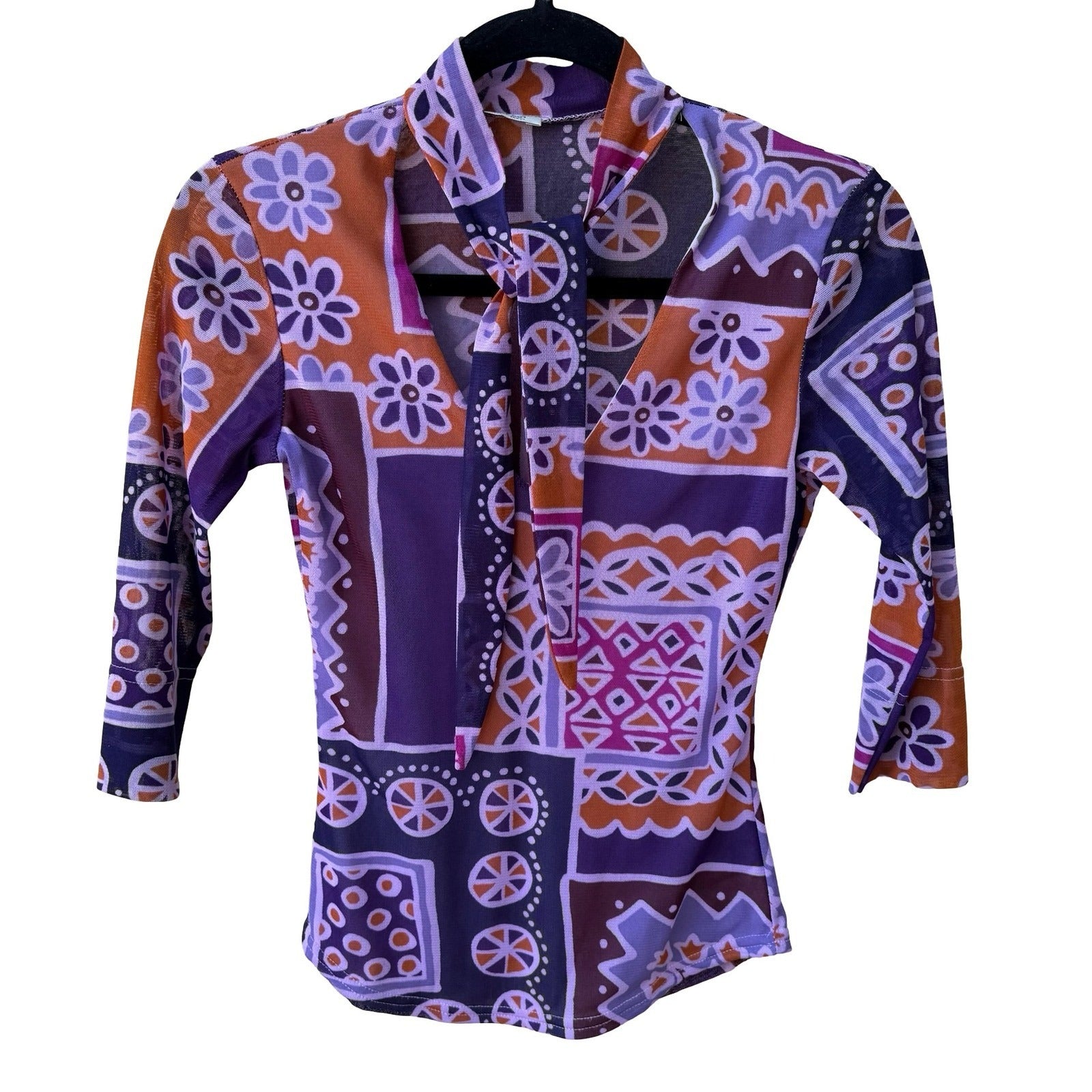 Sharagano Paris Y2K Mesh Psychedelic Floral Mod Geometric Tie Neck Babydoll Top