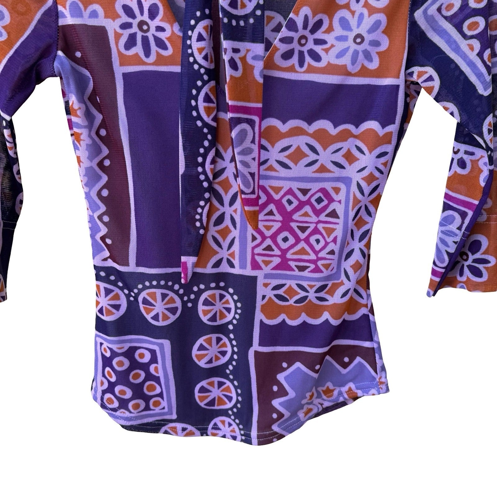 Sharagano Paris Y2K Mesh Psychedelic Floral Mod Geometric Tie Neck Babydoll Top