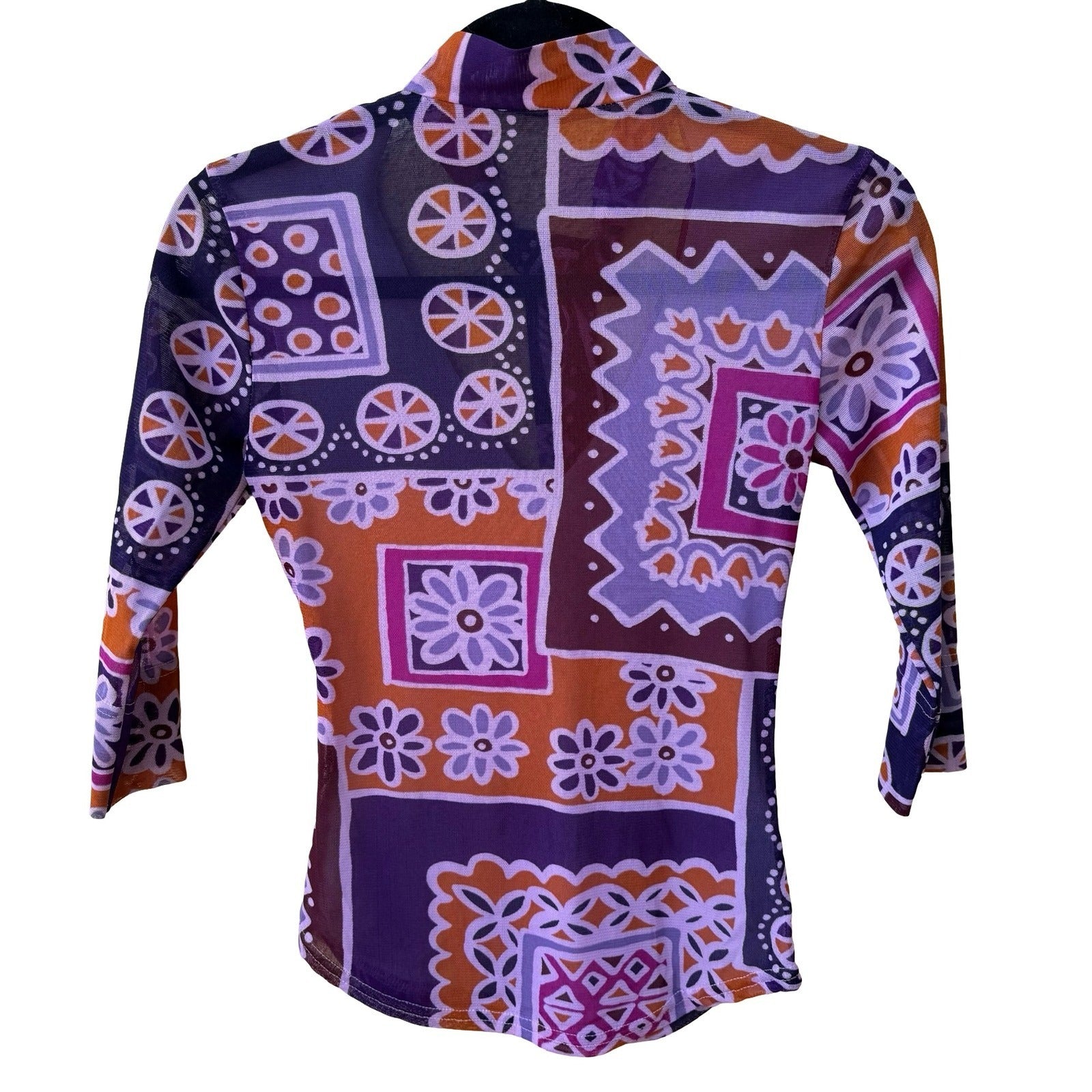 Sharagano Paris Y2K Mesh Psychedelic Floral Mod Geometric Tie Neck Babydoll Top