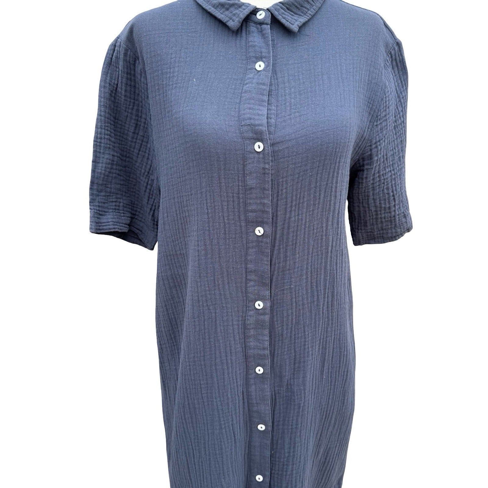 MOD REF Navy Double Gauze Cotton Button Down Coastal Maxi Shirt Dress M No Belt