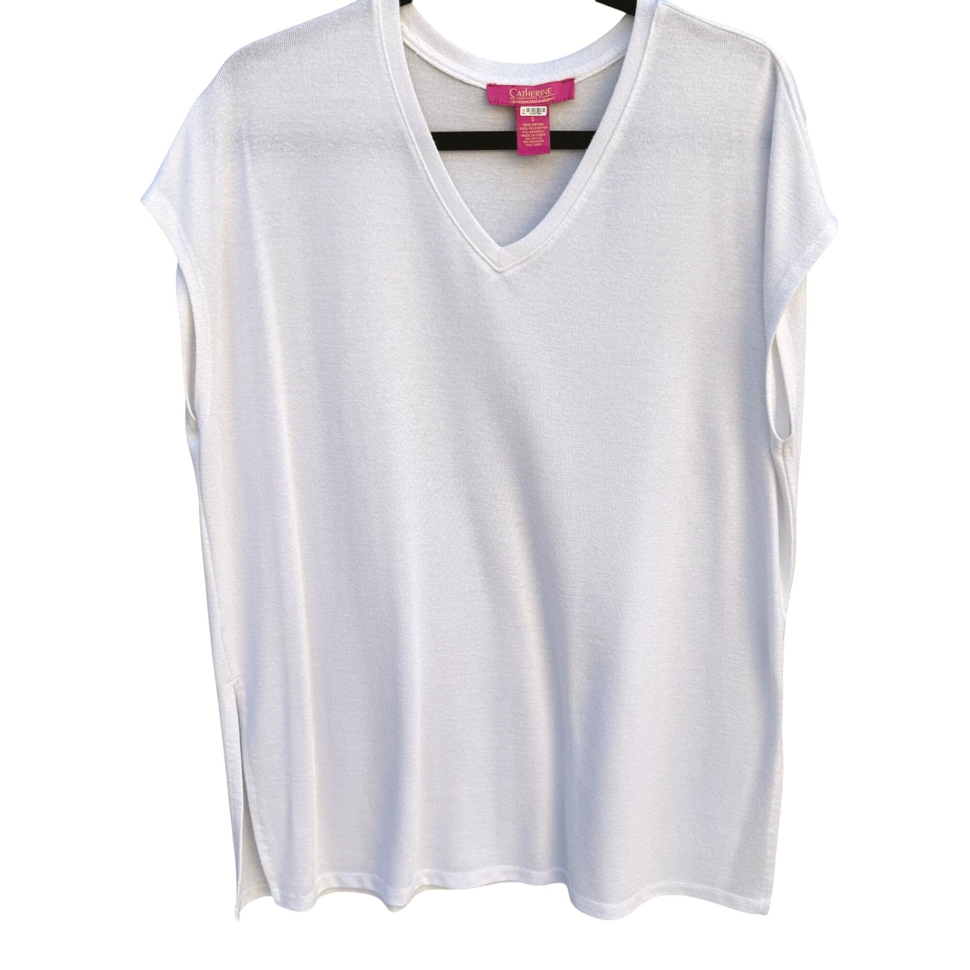 Catherine Malandrino Womens V-Neck White Knit Oversized Minimalist Boxy Tunic S