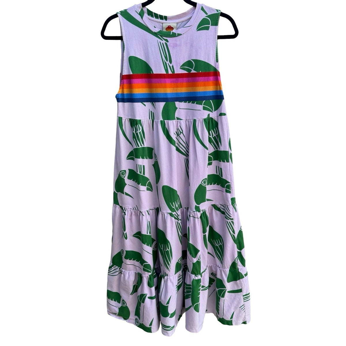 Farm Rio Toucan Rainbow Stripe Tropical Tiered Midi Dress Lavender Womens Size S