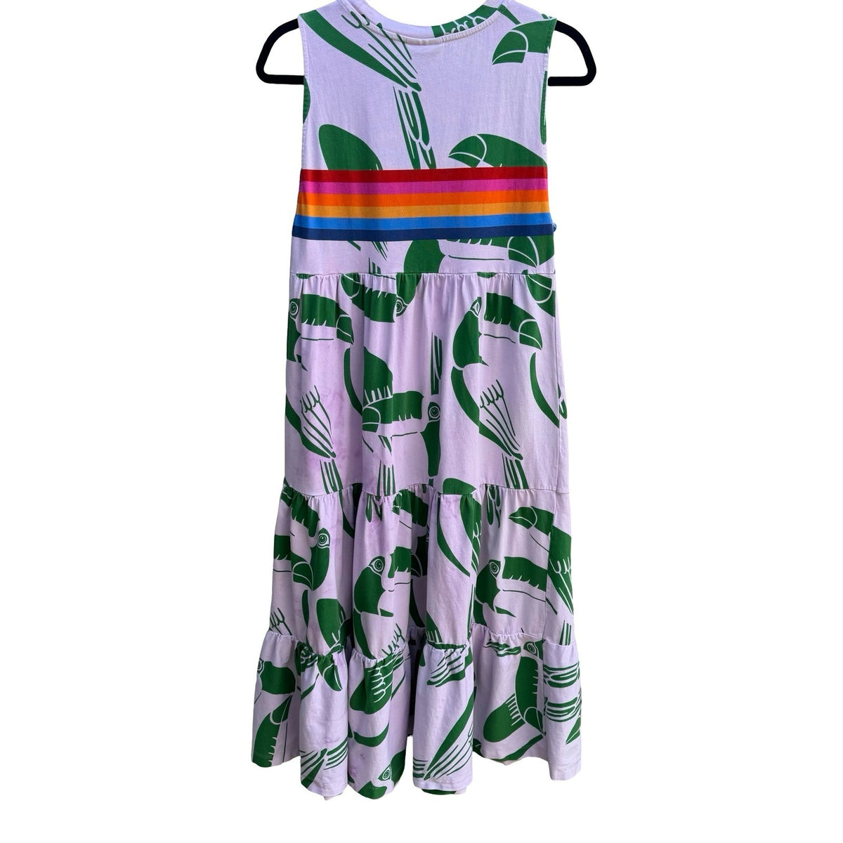 Farm Rio Toucan Rainbow Stripe Tropical Tiered Midi Dress Lavender Womens Size S