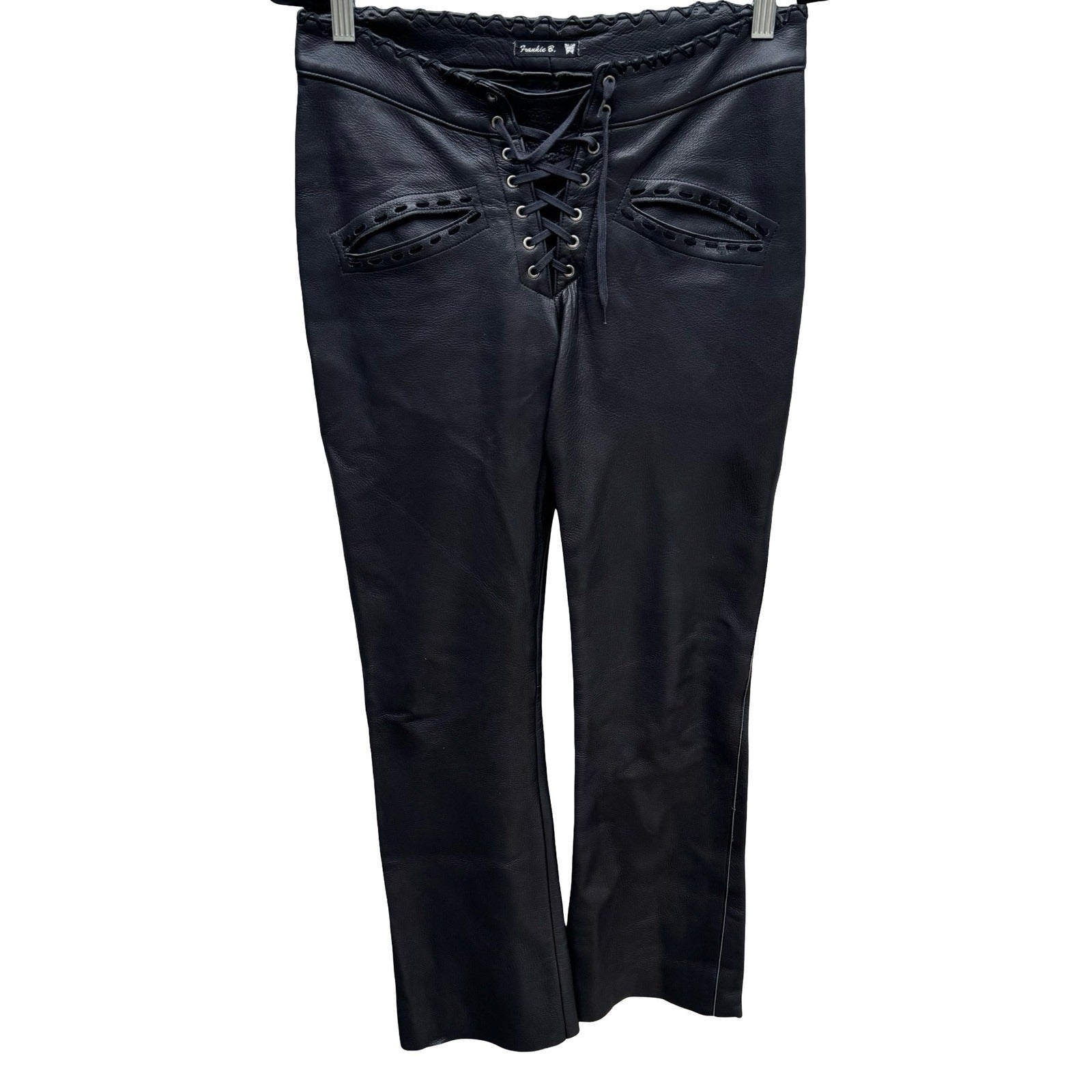 Frankie B Y2K Moto Biker Rocker Leather Whipstitch Lace Up Low Rise Pants S Goth