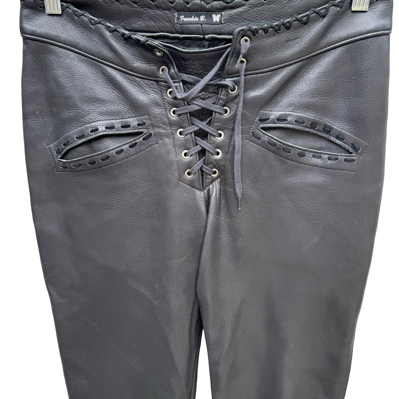 Frankie B Y2K Moto Biker Rocker Leather Whipstitch Lace Up Low Rise Pants S Goth