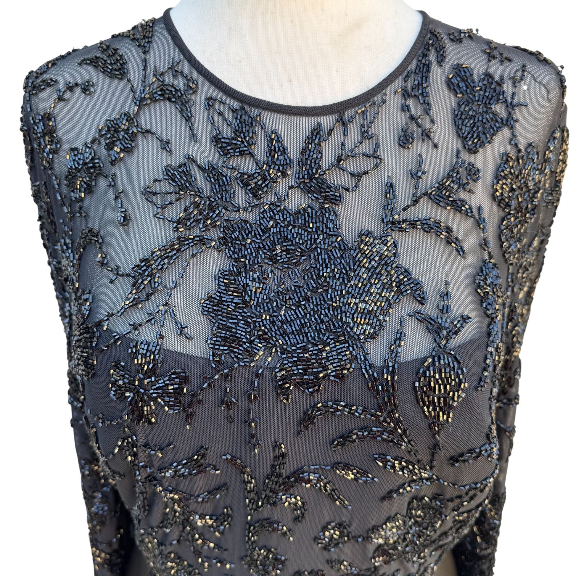 Oleg Cassini Black Tie Vintage Black Beaded Evening Gown Sheer Floral Dress