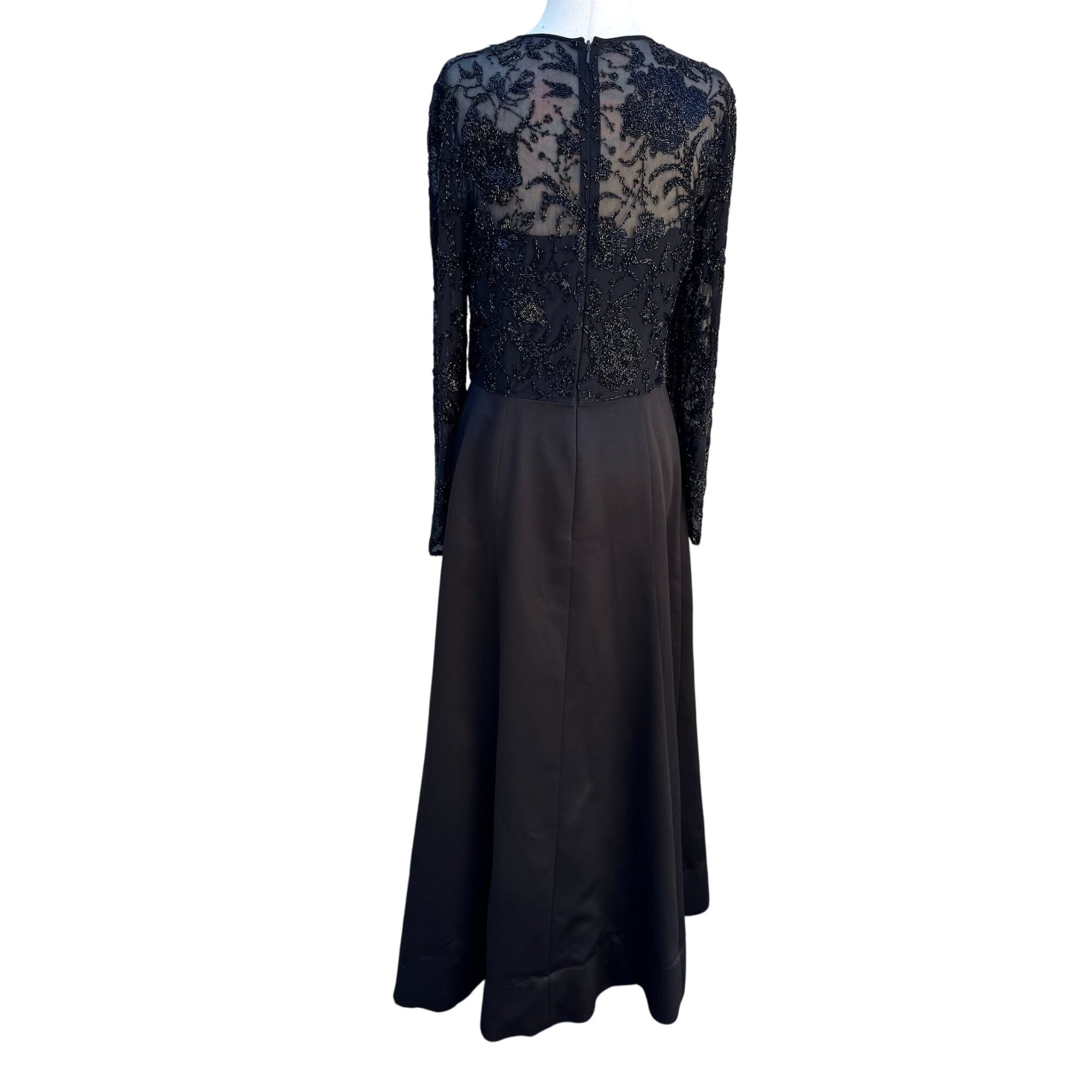 Oleg Cassini Black Tie Vintage Black Beaded Evening Gown Sheer Floral Dress