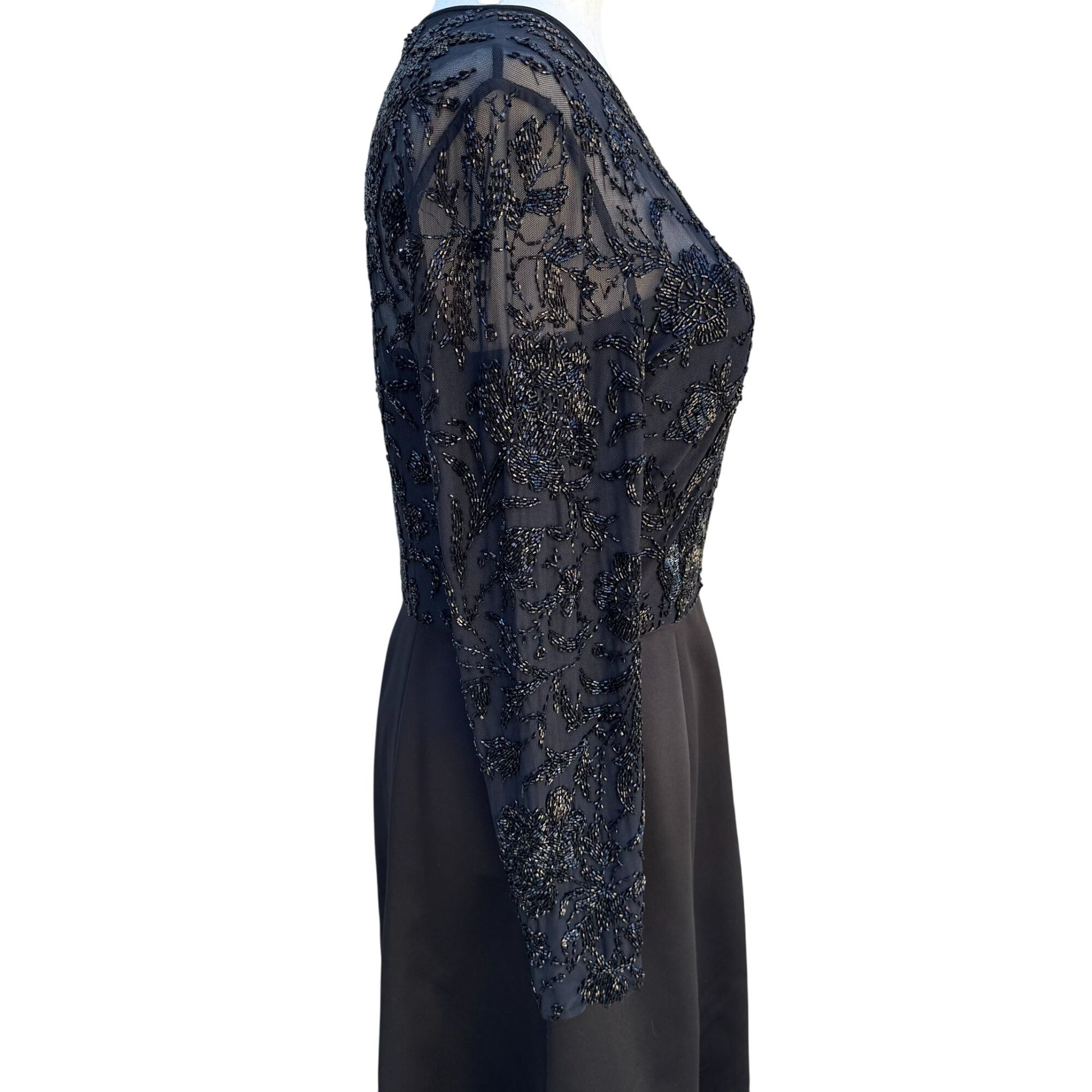 Oleg Cassini Black Tie Vintage Black Beaded Evening Gown Sheer Floral Dress