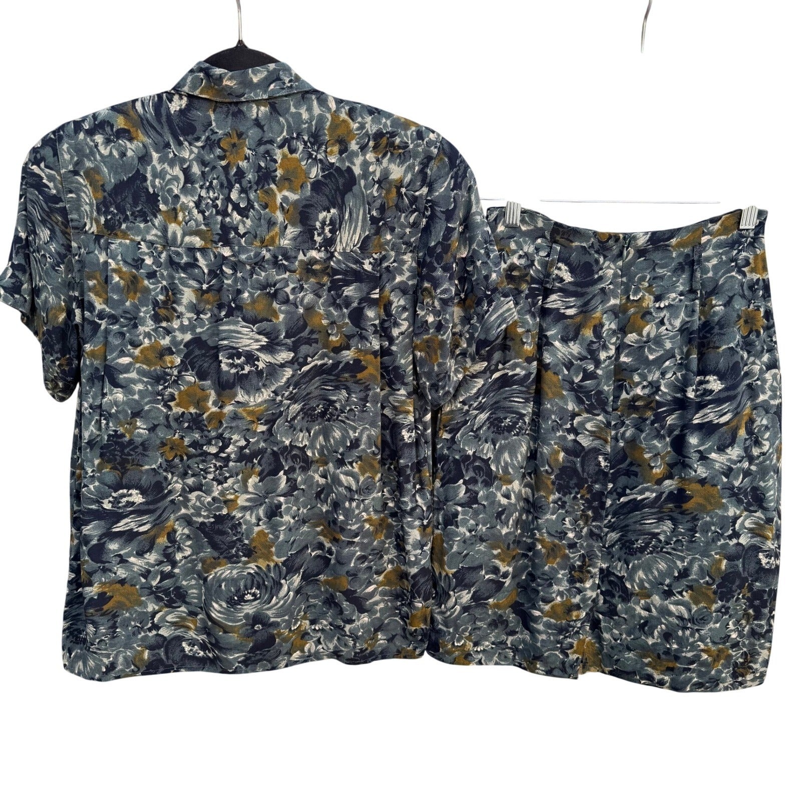 Jones New York Vintage 90s 2 Piece Set Floral Shirt Pleated Skirt Blue Grey 6P