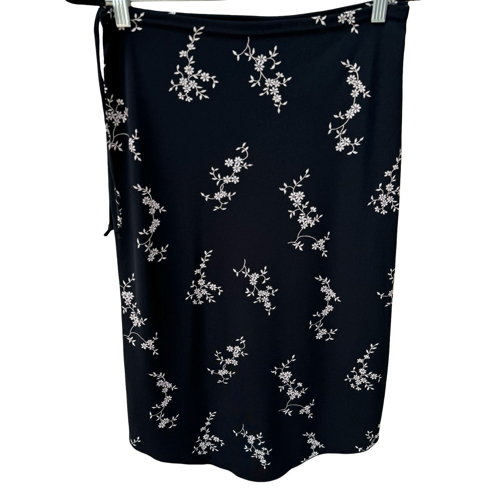 Rebound LA Y2K Black Floral Wrap Midi Skirt Medium Made USA Tulip Hem Side Tie
