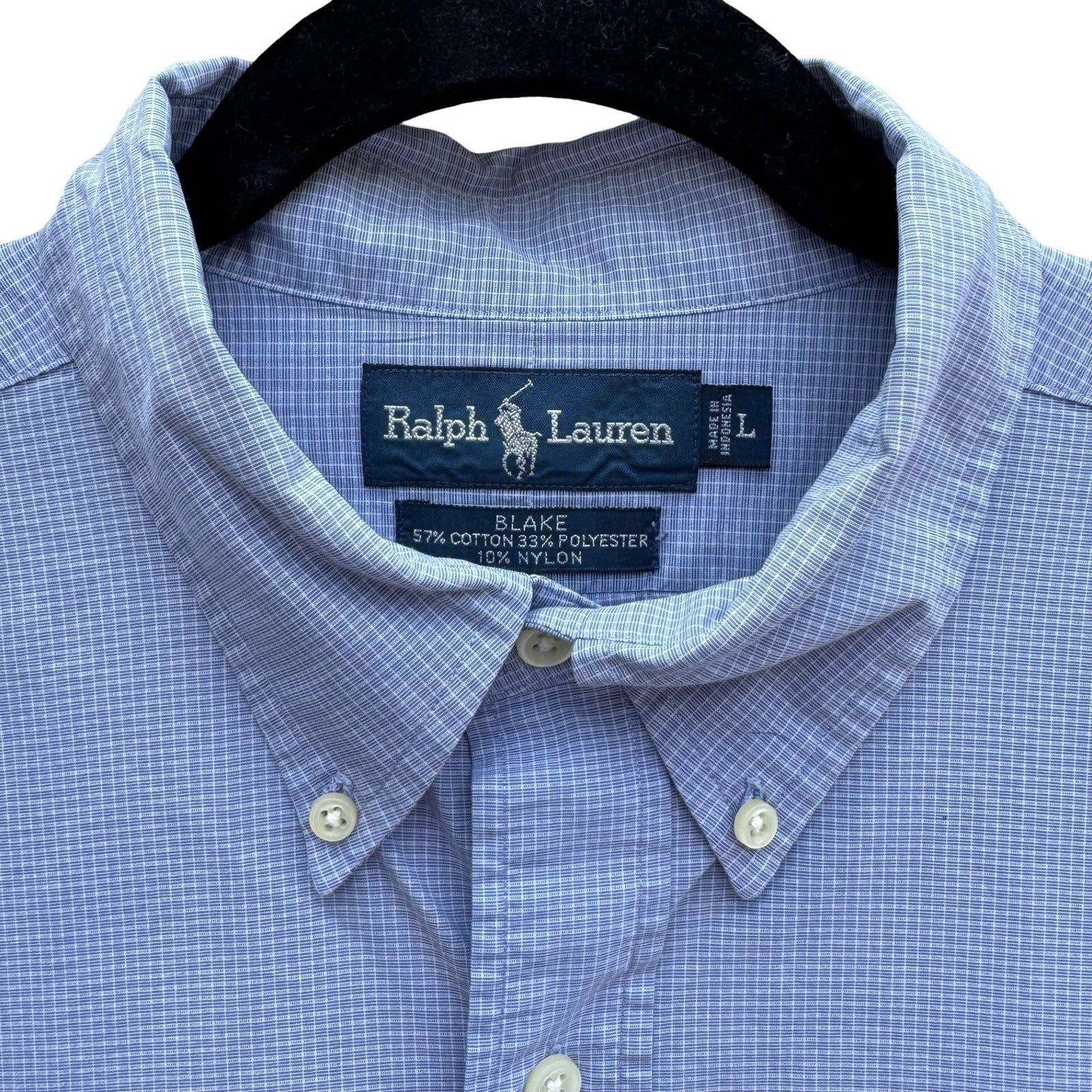 Ralph Lauren Vintage Blake Mens L Blue Micro Grid Button Down Shirt Long Sleeve