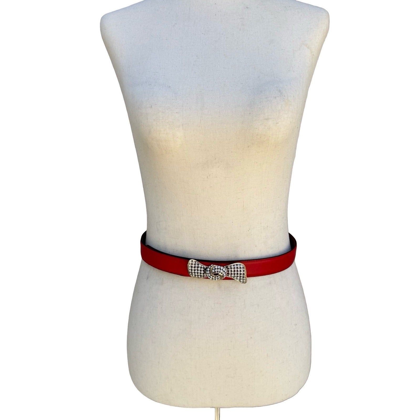 Alan Austin Vintage Red Italian Leather Belt Rhinestone Bow Buckle Made in Italy