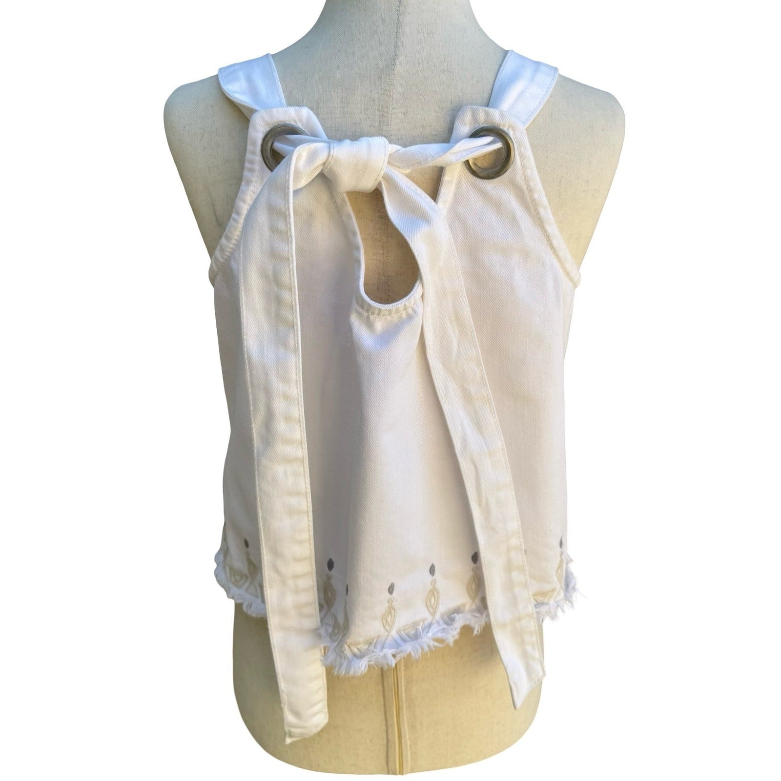 BlankNYC Boho Festival Western Denim Embroidered Crop Top Tie Back Boho White M