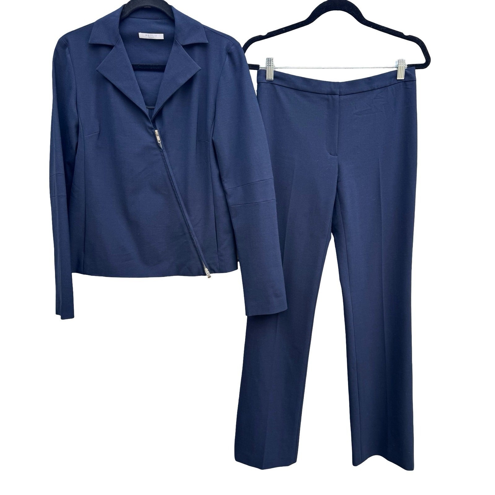 Welkin New York Minimalist Navy Stretch Wool Asymmetrical Zip Jacket Pant Suit