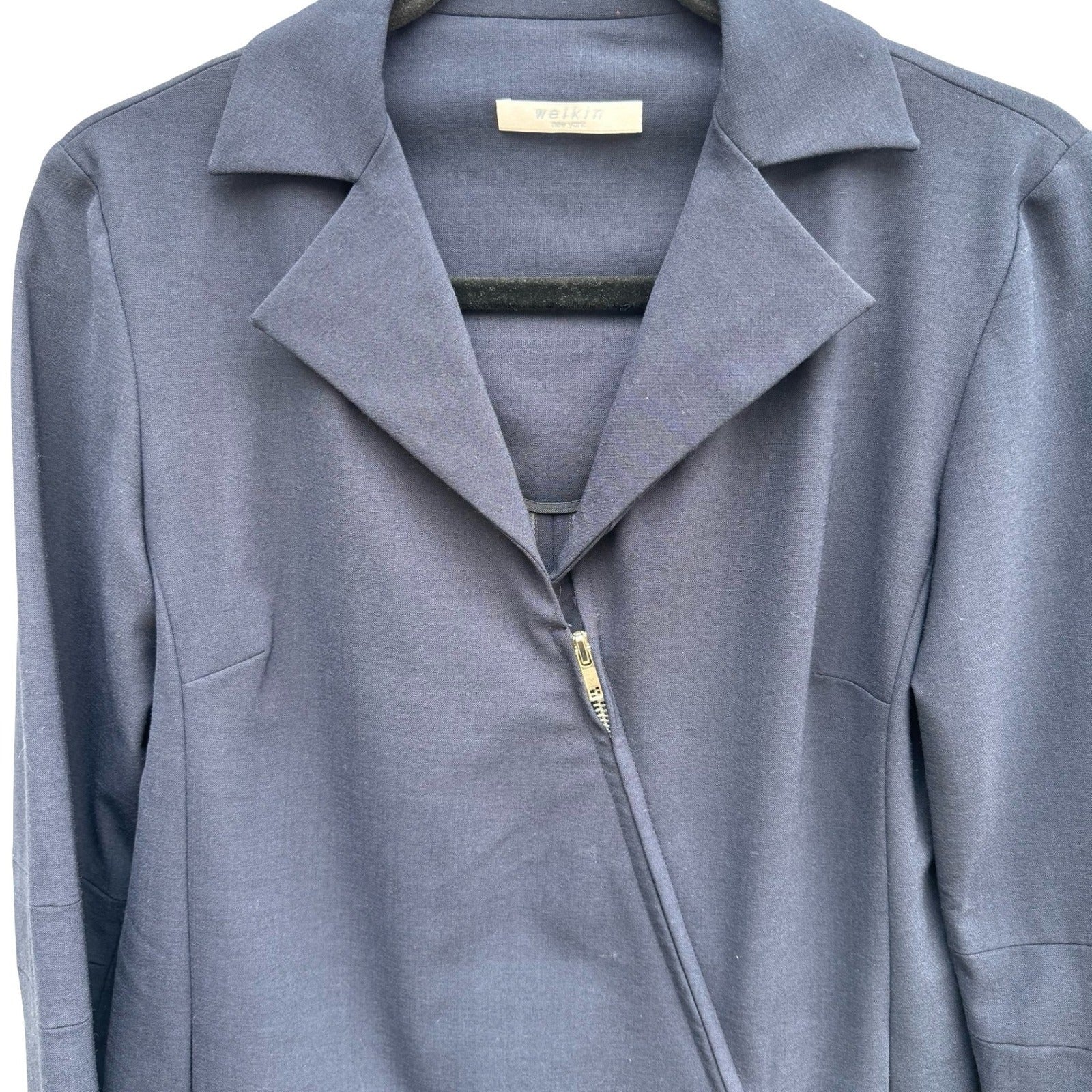 Welkin New York Minimalist Navy Stretch Wool Asymmetrical Zip Jacket Pant Suit