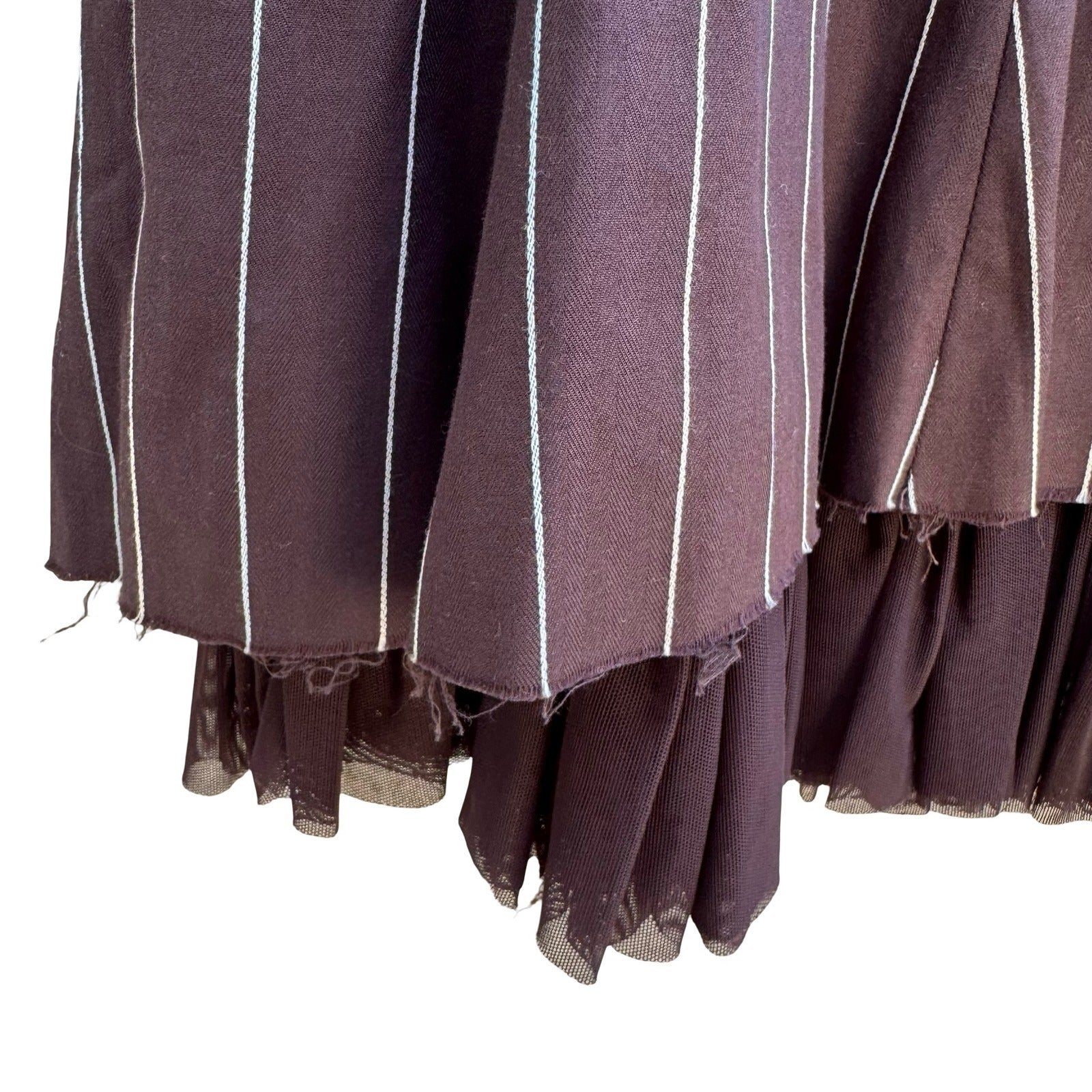 Louis Verdad Y2K Steampunk Tailored Pinstripe Deconstructed Mesh Hem Midi Skirt