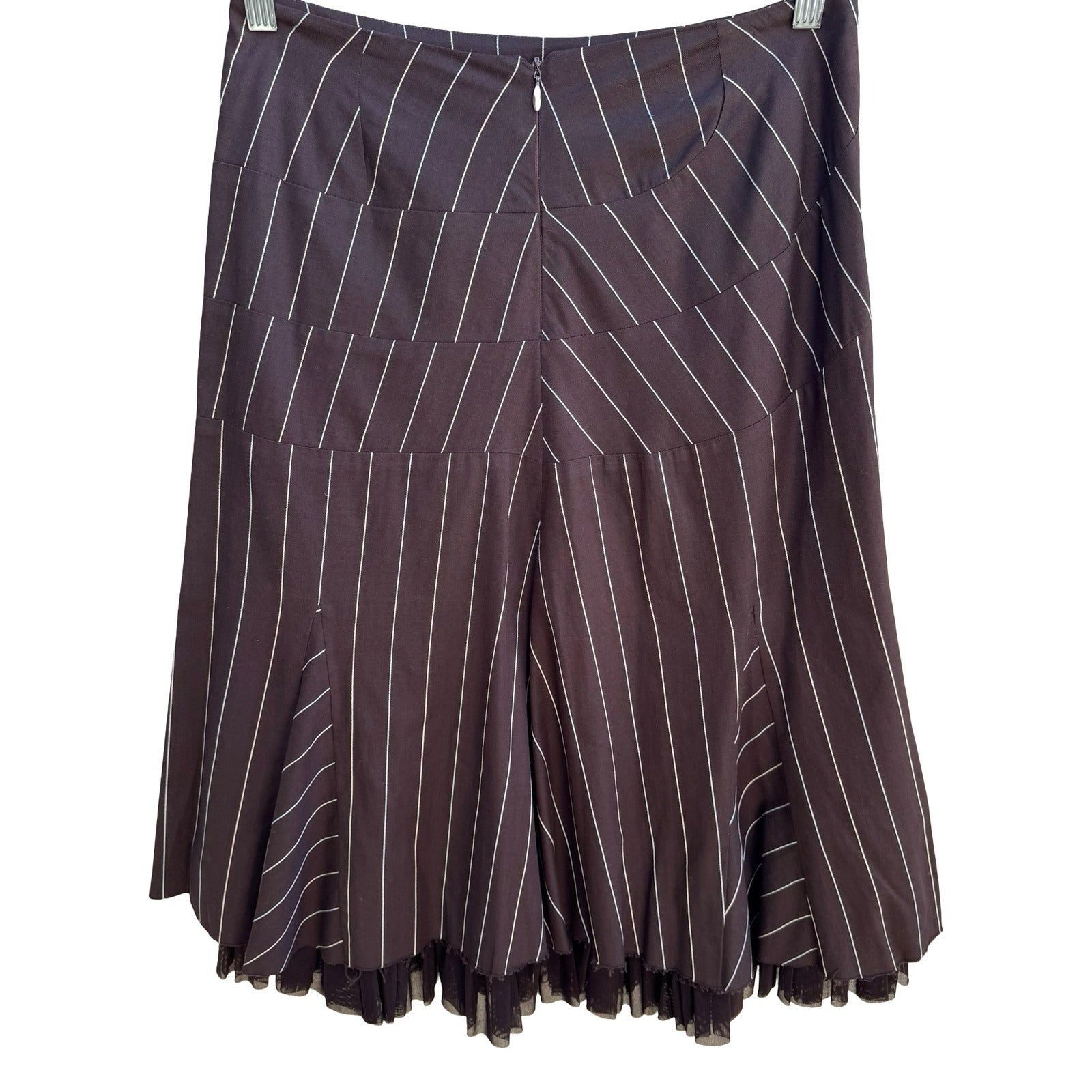 Louis Verdad Y2K Steampunk Tailored Pinstripe Deconstructed Mesh Hem Midi Skirt
