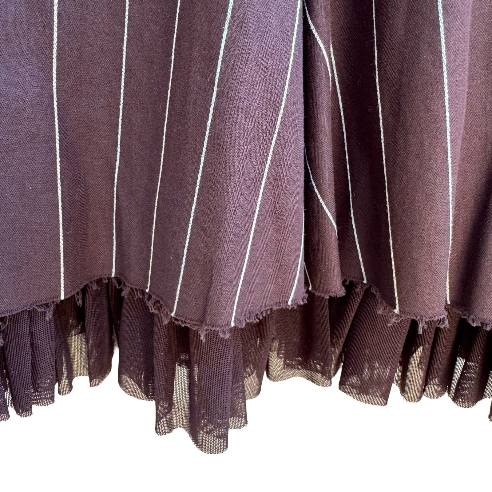 Louis Verdad Y2K Steampunk Tailored Pinstripe Deconstructed Mesh Hem Midi Skirt