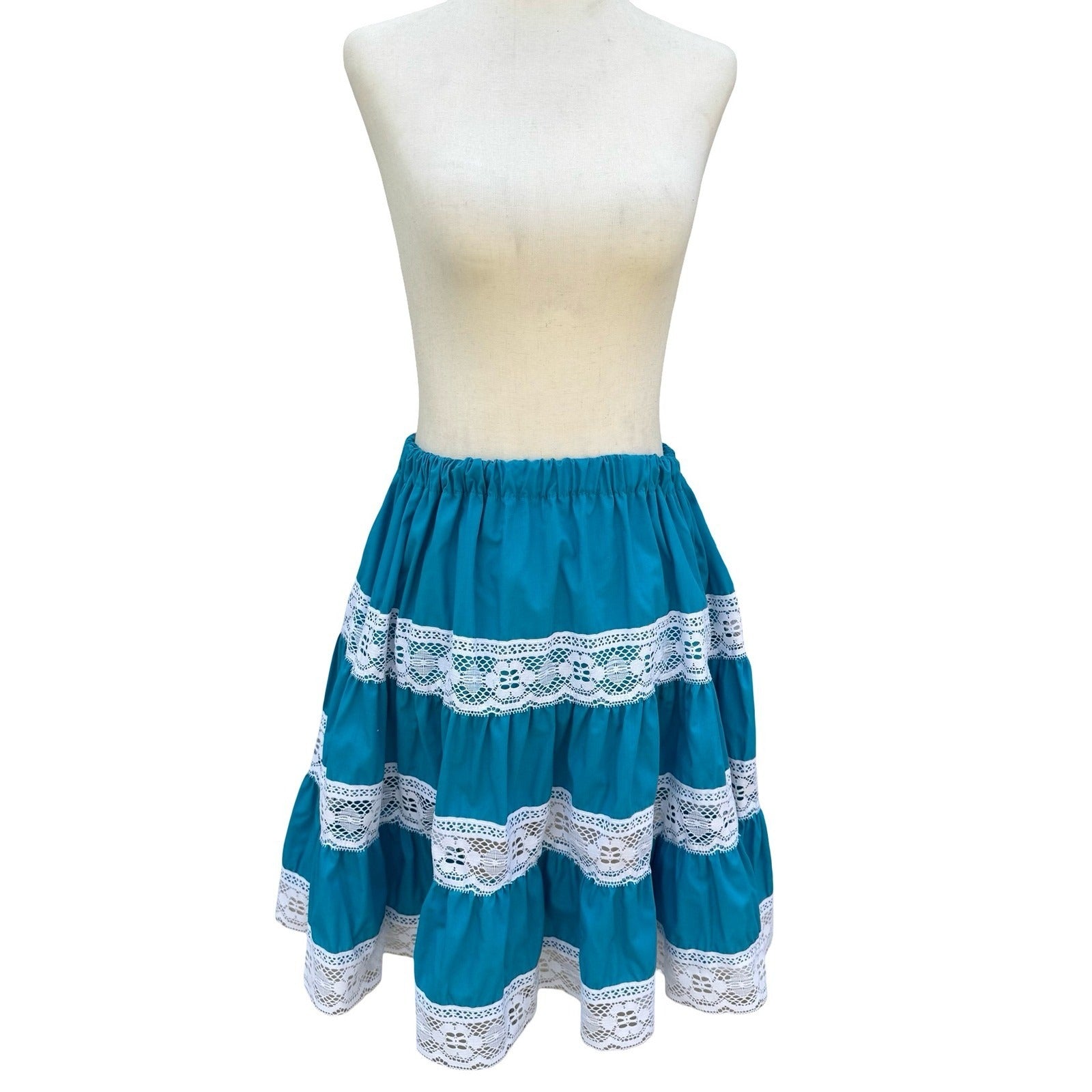 Vintage Handmade Teal Blue Lace Tiered Skirt Ruffle Top Set Fiesta Folk Prairie