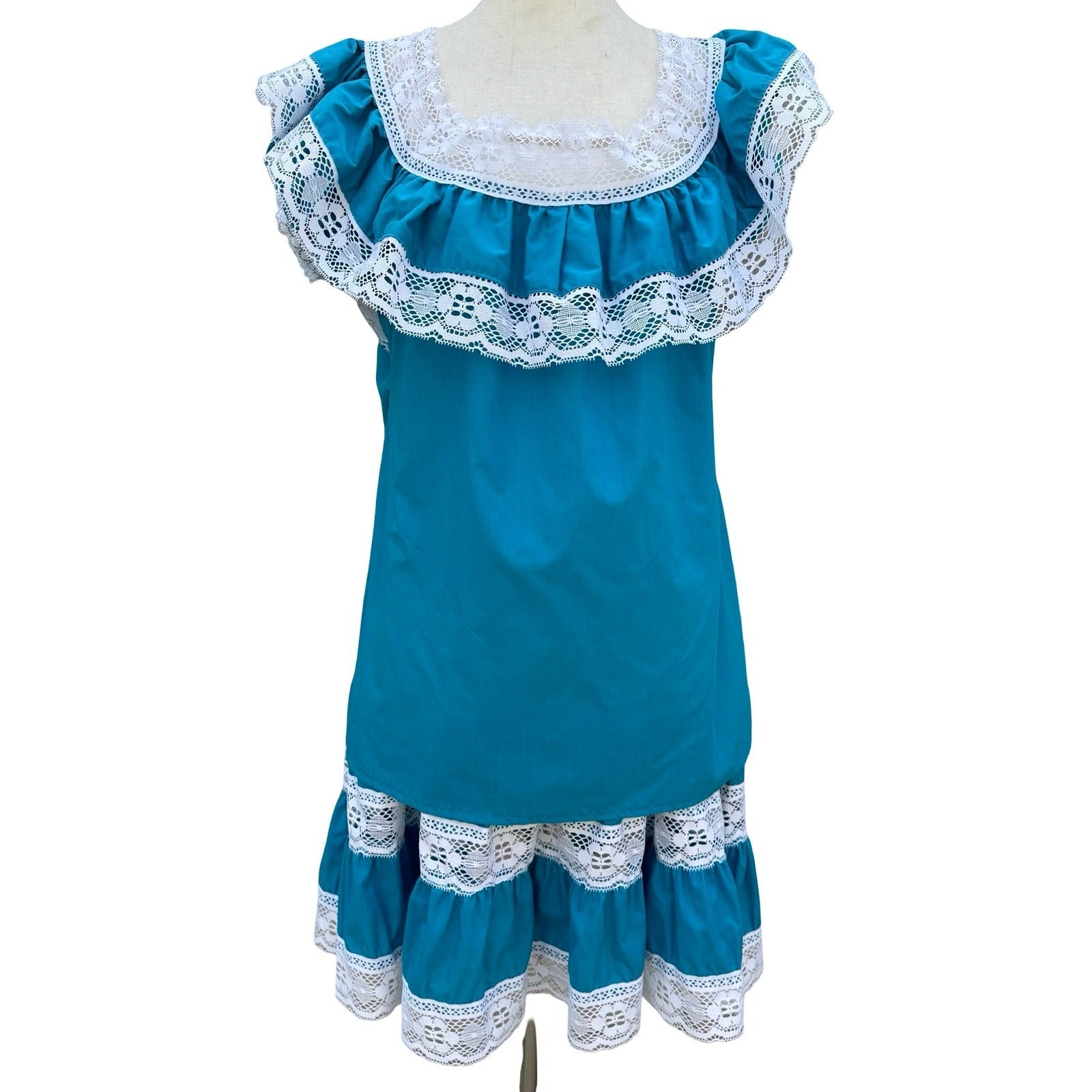 Vintage Handmade Teal Blue Lace Tiered Skirt Ruffle Top Set Fiesta Folk Prairie