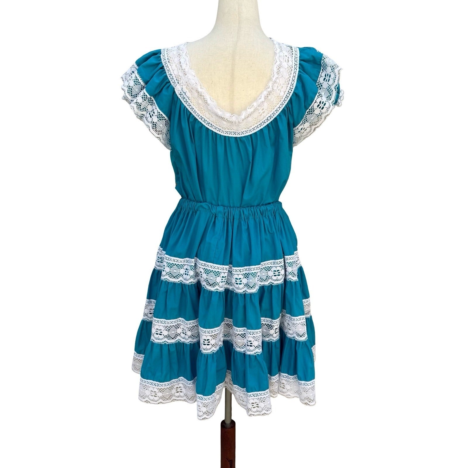 Vintage Handmade Teal Blue Lace Tiered Skirt Ruffle Top Set Fiesta Folk Prairie