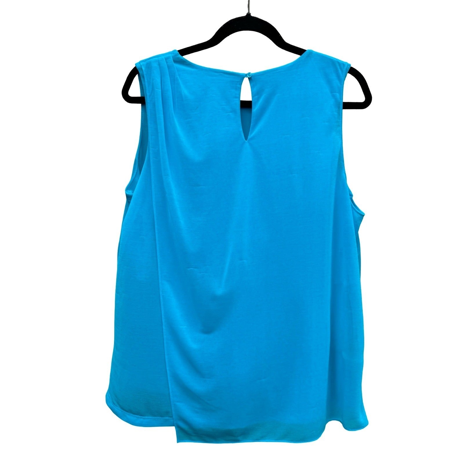 Flowy Turquoise Draped Sleeveless Keyhole Back Layered Pleated Shoulder Blouse L