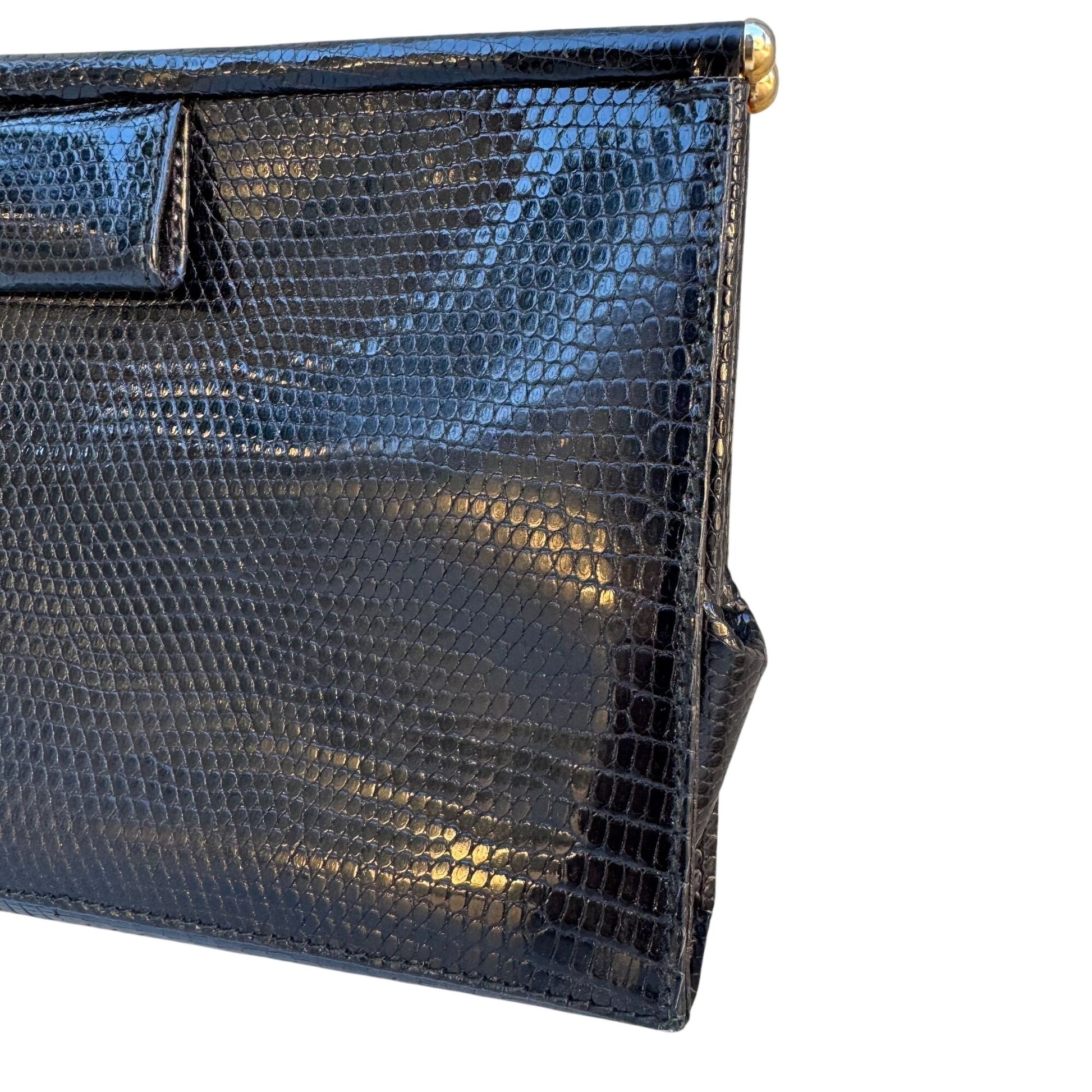 Donna Karan Vintage Black Genuine Lizard Leather Clasp Clutch Purse Snap Closure